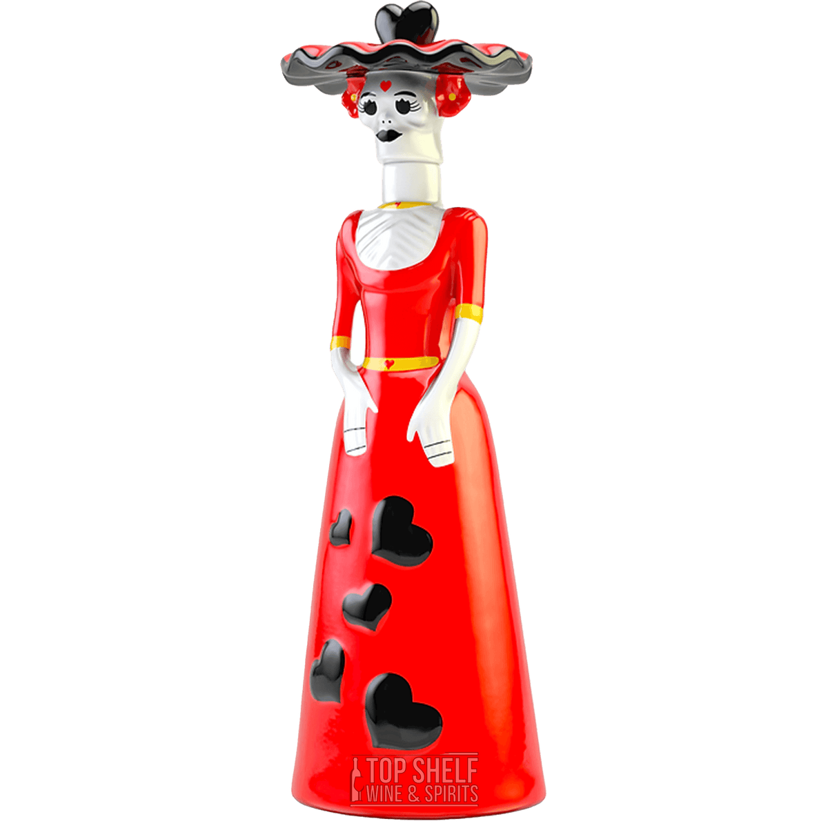 Ceramic tequila bottle featuring La Calavera Catrina design, hand-painted with a red dress and black hearts.