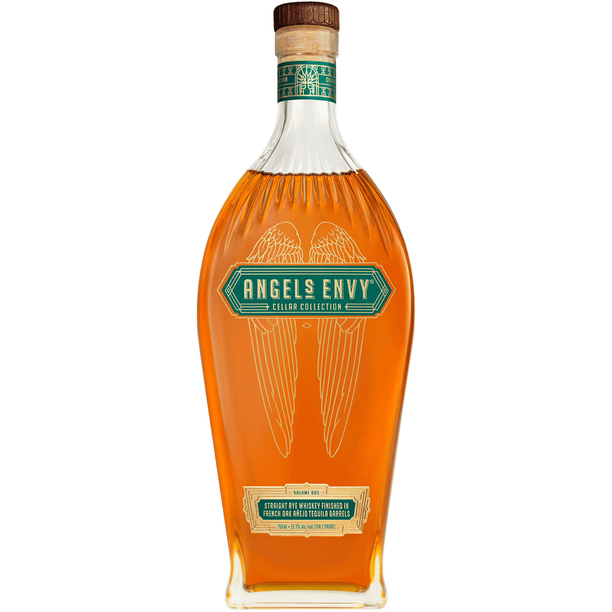 Angel’s Envy Cellar Collection Vol. 5 Straight Rye Whiskey bottle, showcasing rich amber liquid and unique design.