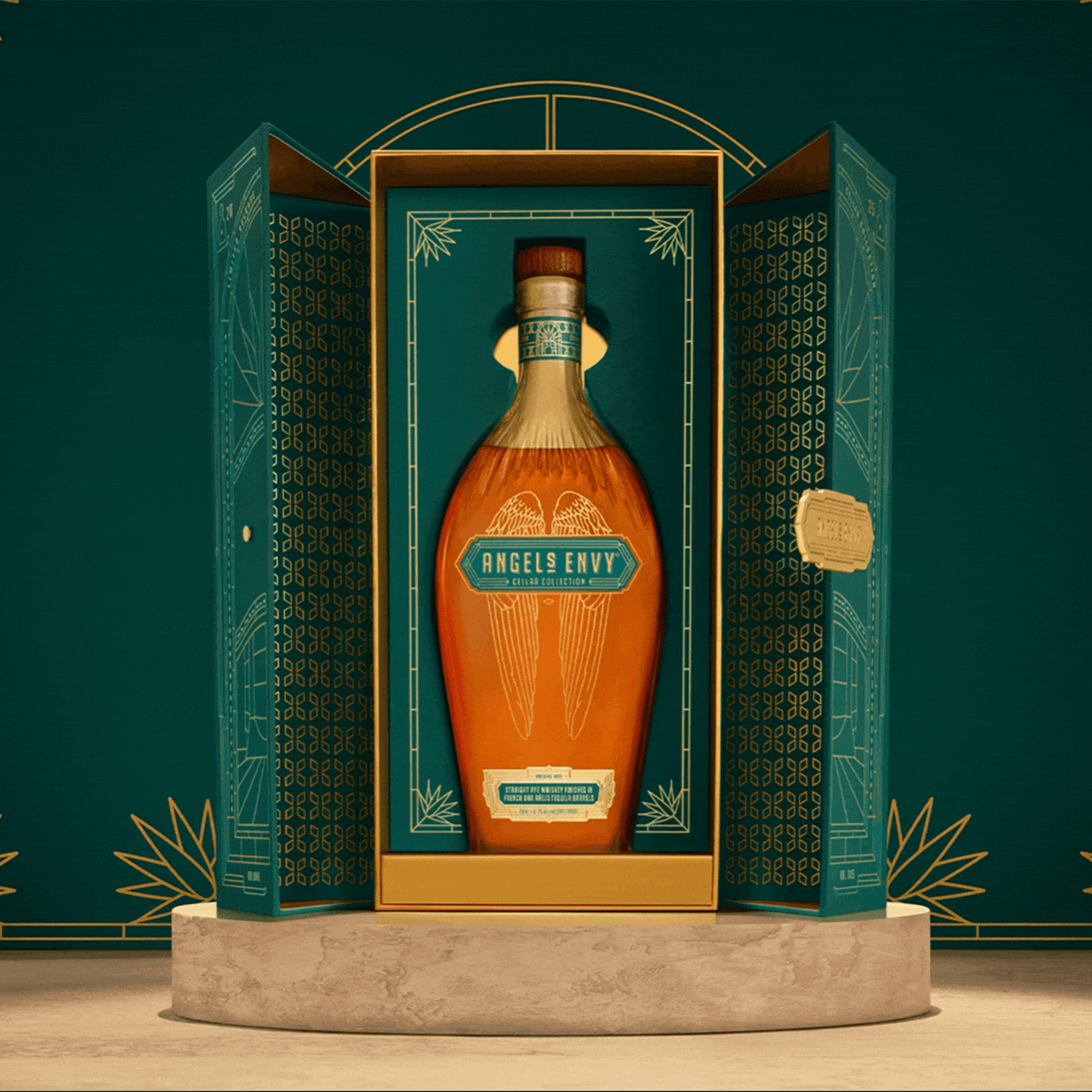 Angel's Envy Cellar Collection Vol. 5 Straight Rye Whiskey in an elegant display case with teal and gold accents.