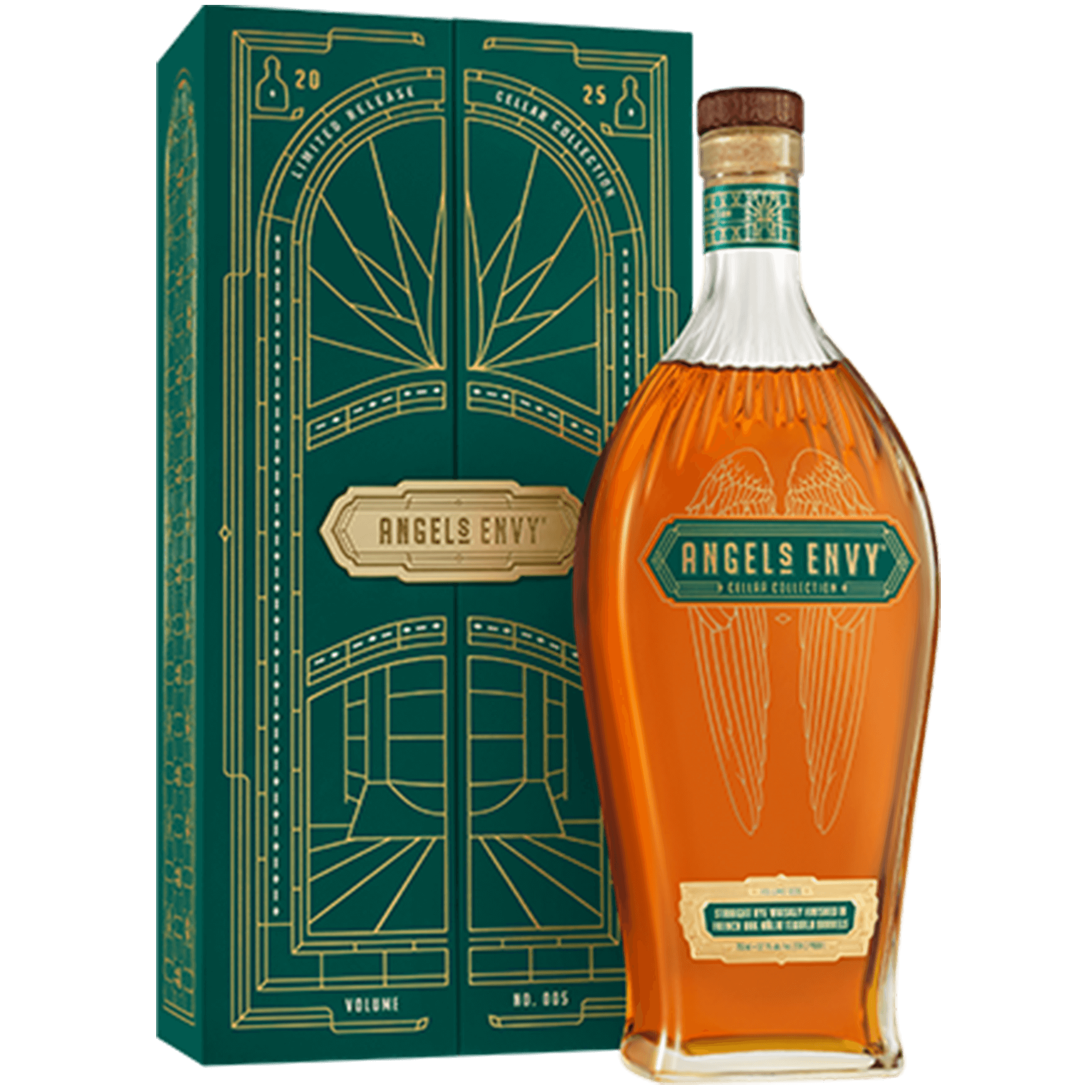Angel’s Envy Cellar Collection Vol. 5 Straight Rye Whiskey bottle and box featuring elegant design.