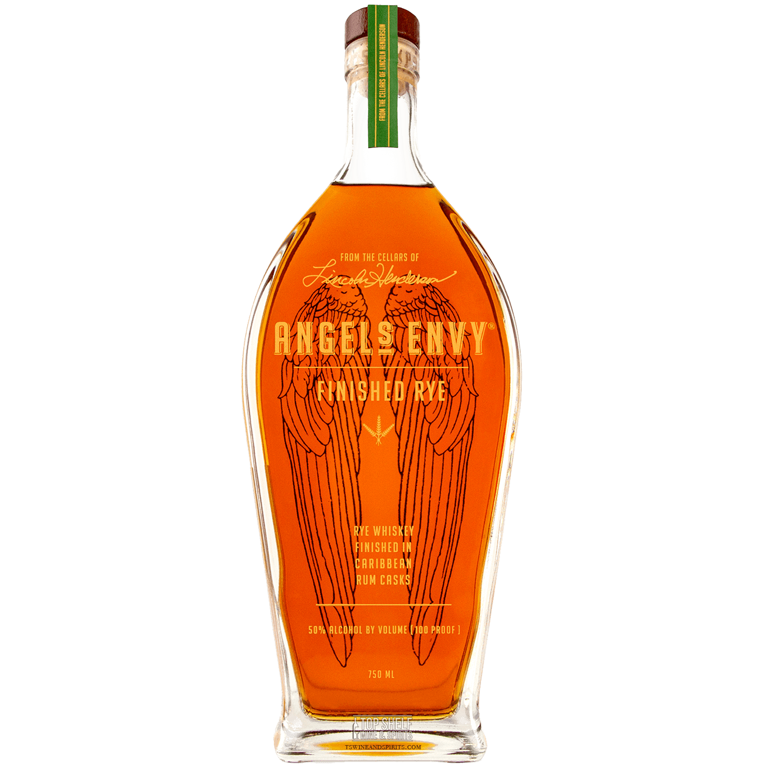 Angel's Envy Rum Finished Rye Whiskey bottle, aged for 18 months in Caribbean rum casks, showcasing its unique amber color.