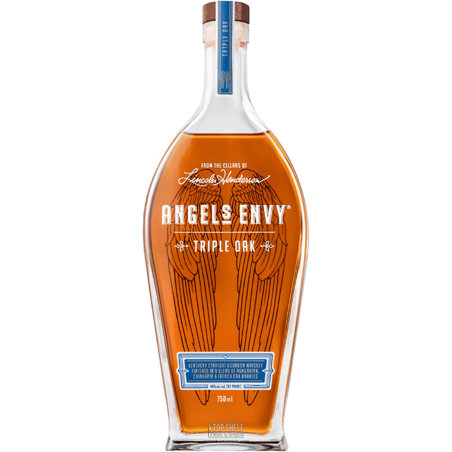 Bottle of Angel's Envy Triple Oak Bourbon 750ml, showcasing its distinctive design and rich amber color.