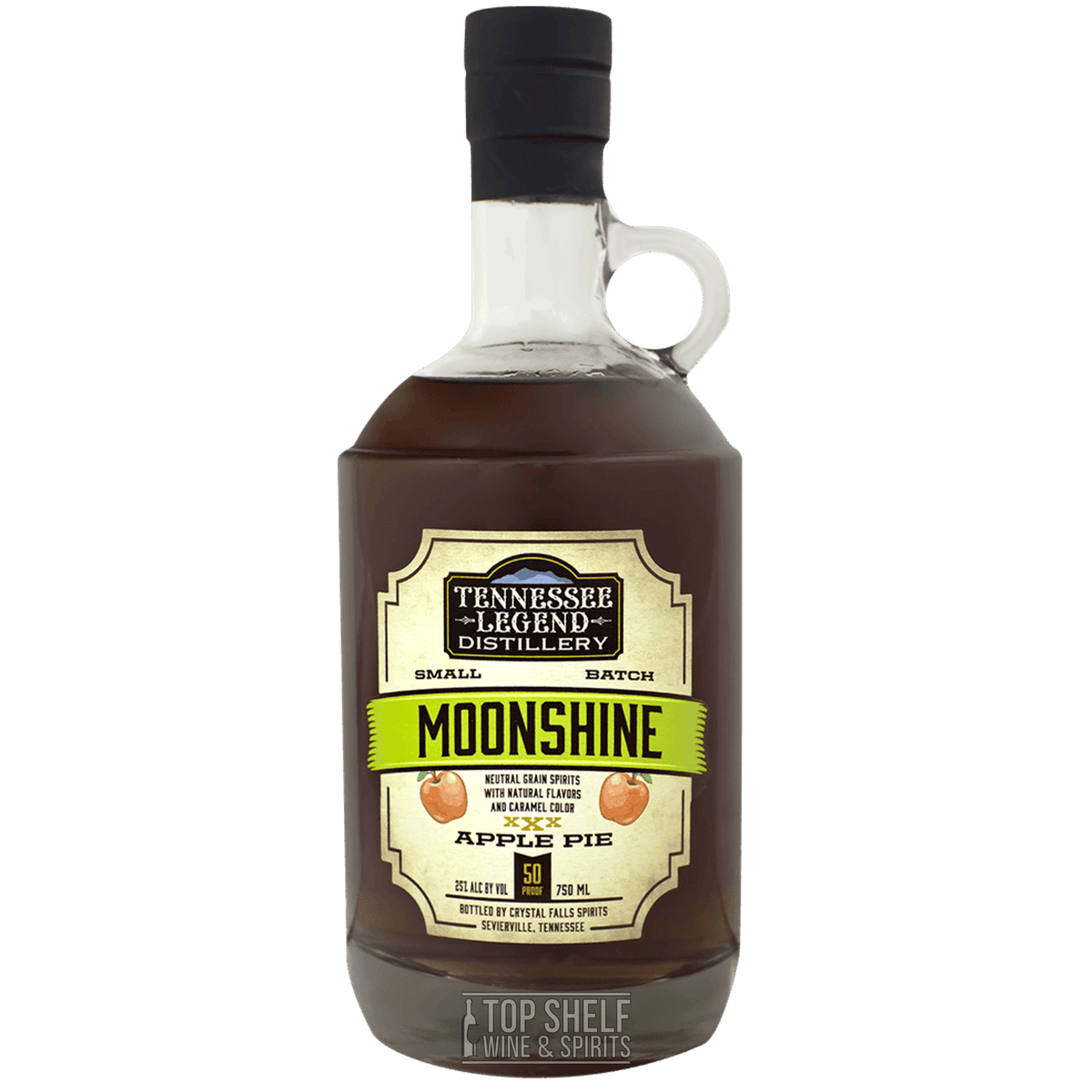 Tennessee Legend Apple Pie Moonshine bottle featuring green apple and pie crust flavors, 50 proof, 25% ABV.