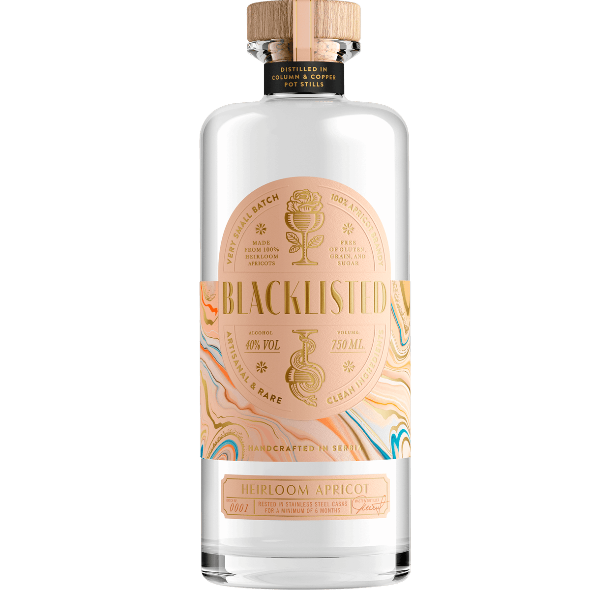 Blacklisted Heirloom Apricot Brandy bottle showcasing elegant design, distilled from heirloom apricots, 80 proof, vegan.
