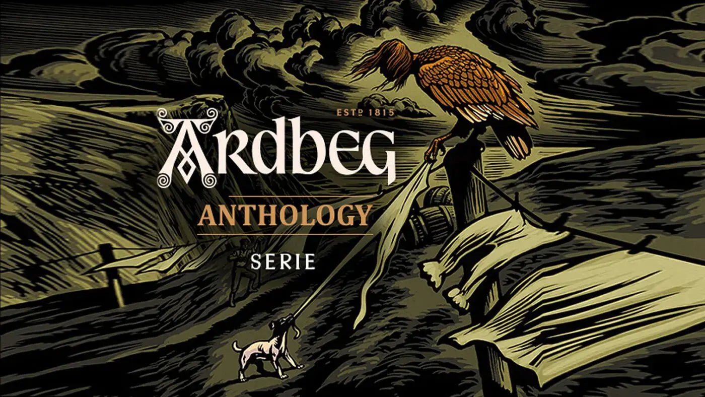 Ardbeg Anthology series illustration featuring a harpy and a dog, inspired by the mythical tales of Islay.