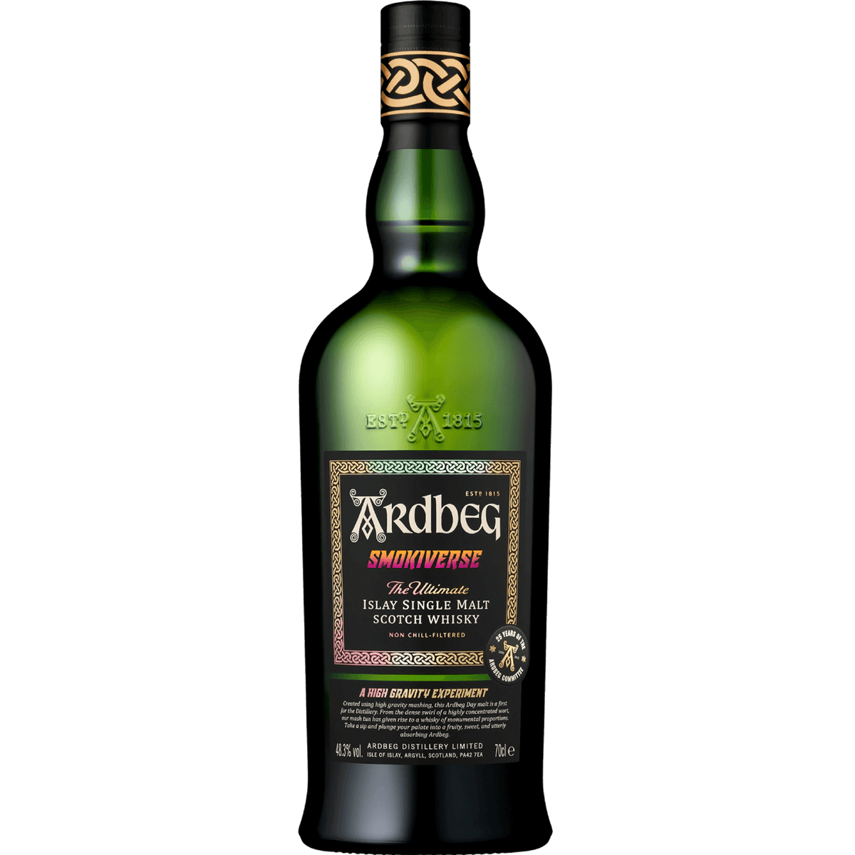 Ardbeg Smokiverse Islay Single Malt Scotch bottle with distinctive label celebrating 25 years of the Ardbeg Committee.