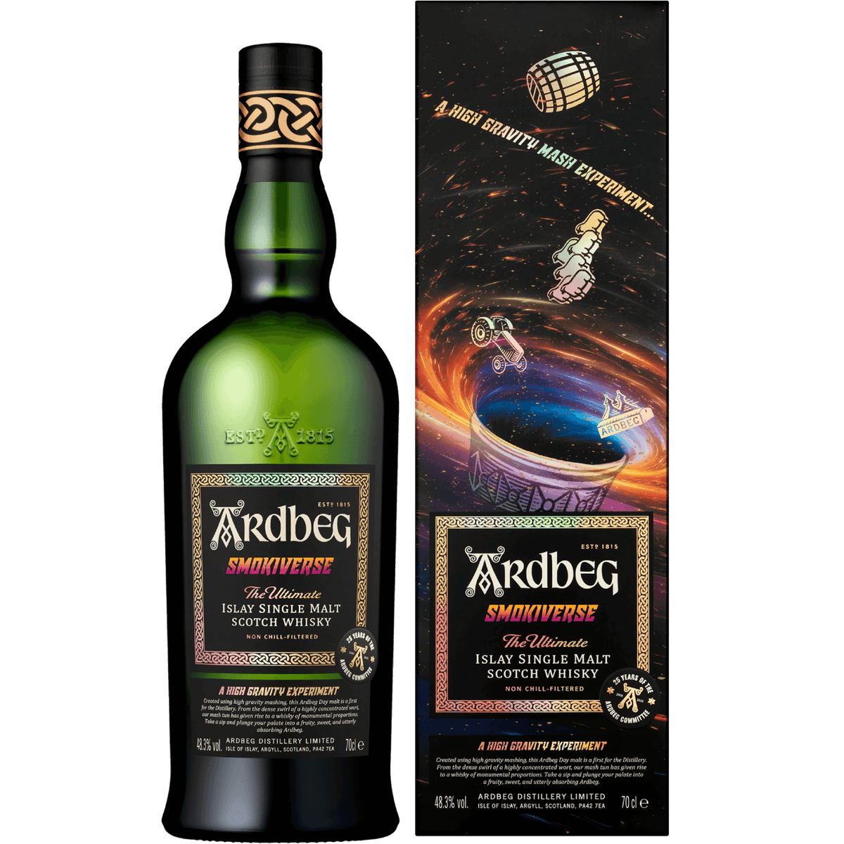 Ardbeg Smokiverse Islay Single Malt Scotch bottle with unique packaging design featuring space-themed artwork.