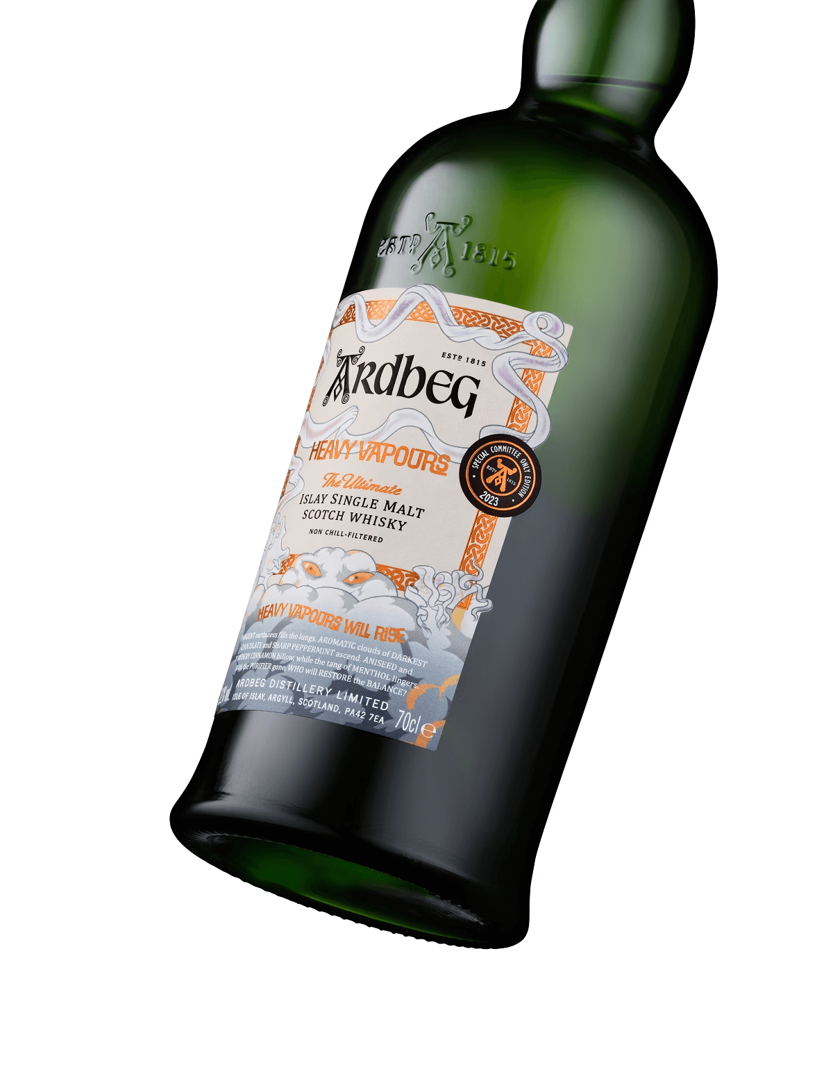 Ardbeg Heavy Vapours Islay Single Malt Scotch bottle showcasing unique smoky flavors and earthy aroma.