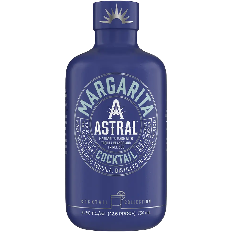 Astral Margarita cocktail bottle with blue design and detailed label showcasing tequila blanco and triple sec ingredients.