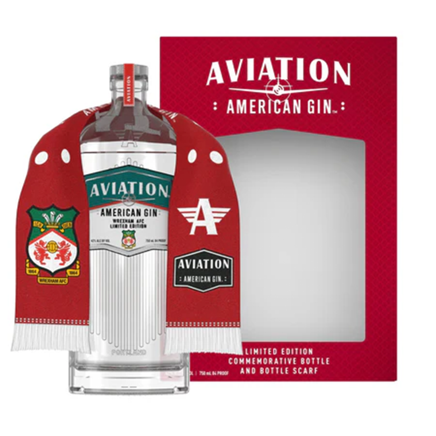 Aviation Gin Wrexham AFC scarf gift set featuring a limited edition bottle and commemorative scarf.