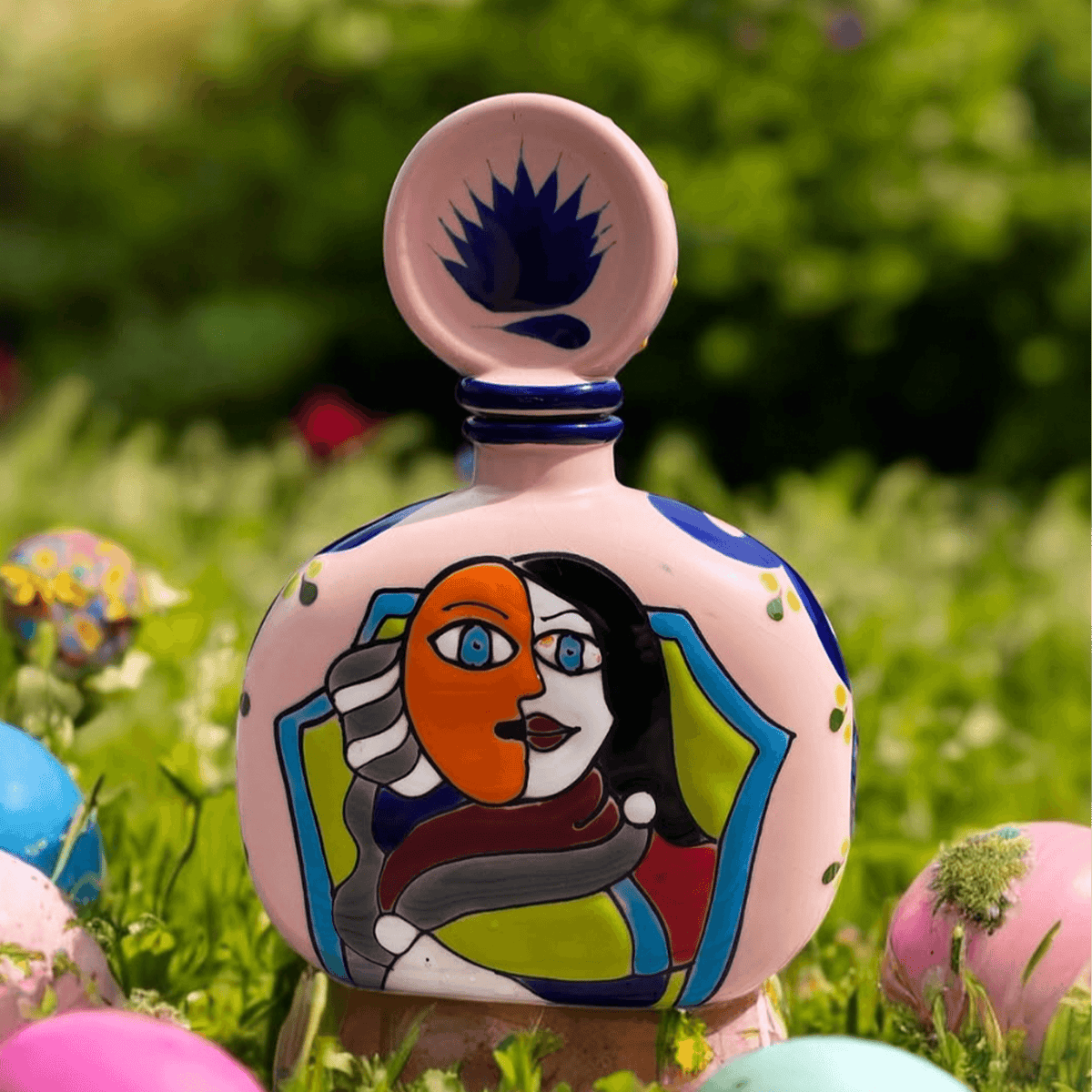 Limited-edition Añejo Pink Tequila bottle with hand-painted artwork in a vibrant garden setting.