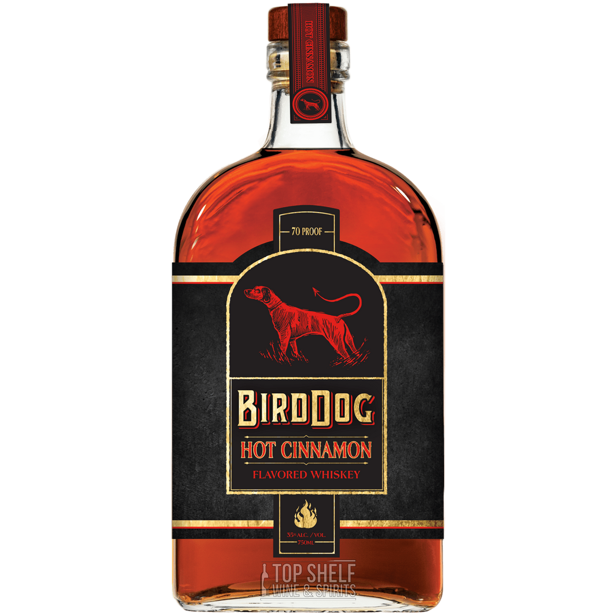 Bird Dog Hot Cinnamon Flavored Whiskey bottle with vibrant amber color and striking label design.