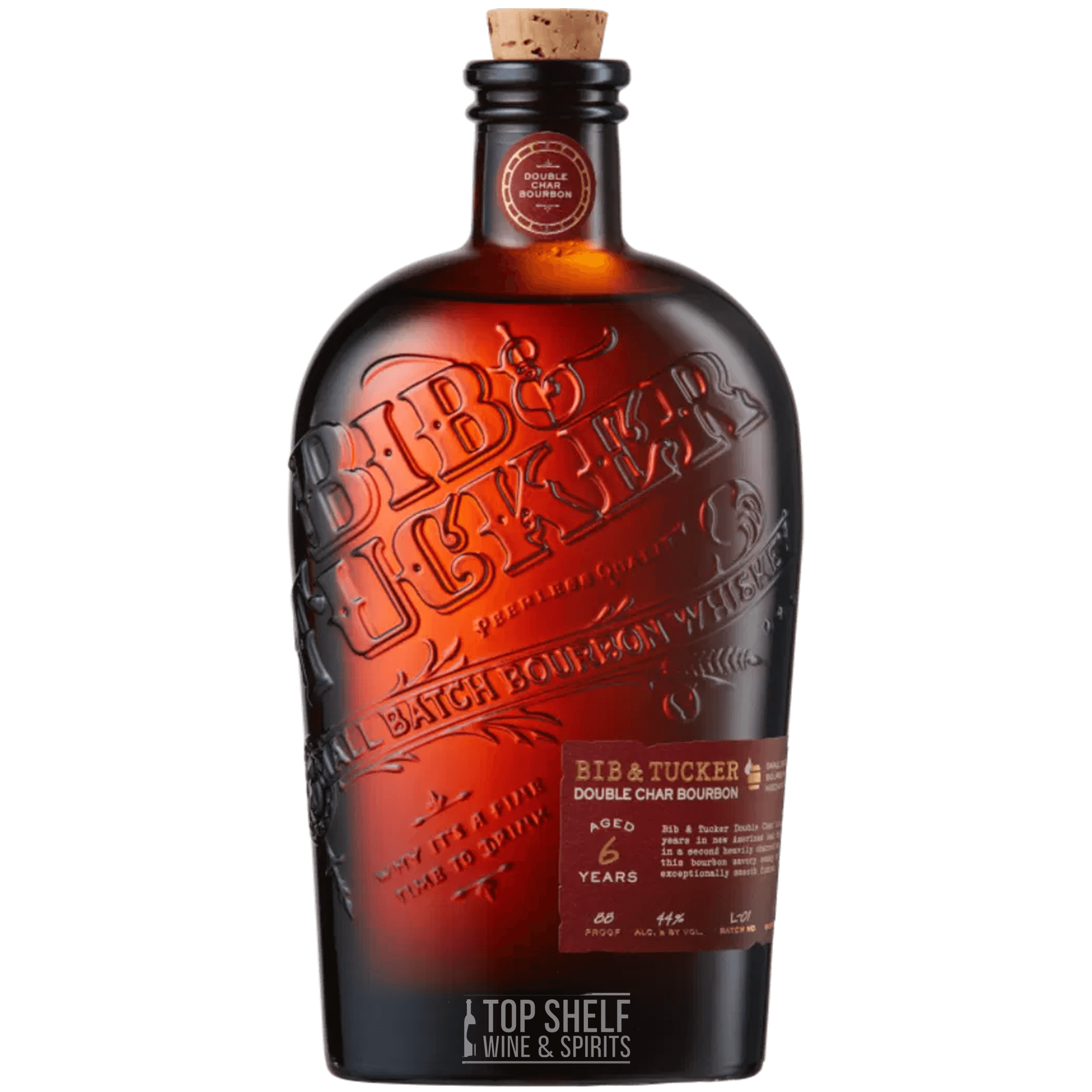 Bib & Tucker Double Char Small Batch Bourbon bottle with a cork top, showcasing rich amber color and embossed label.