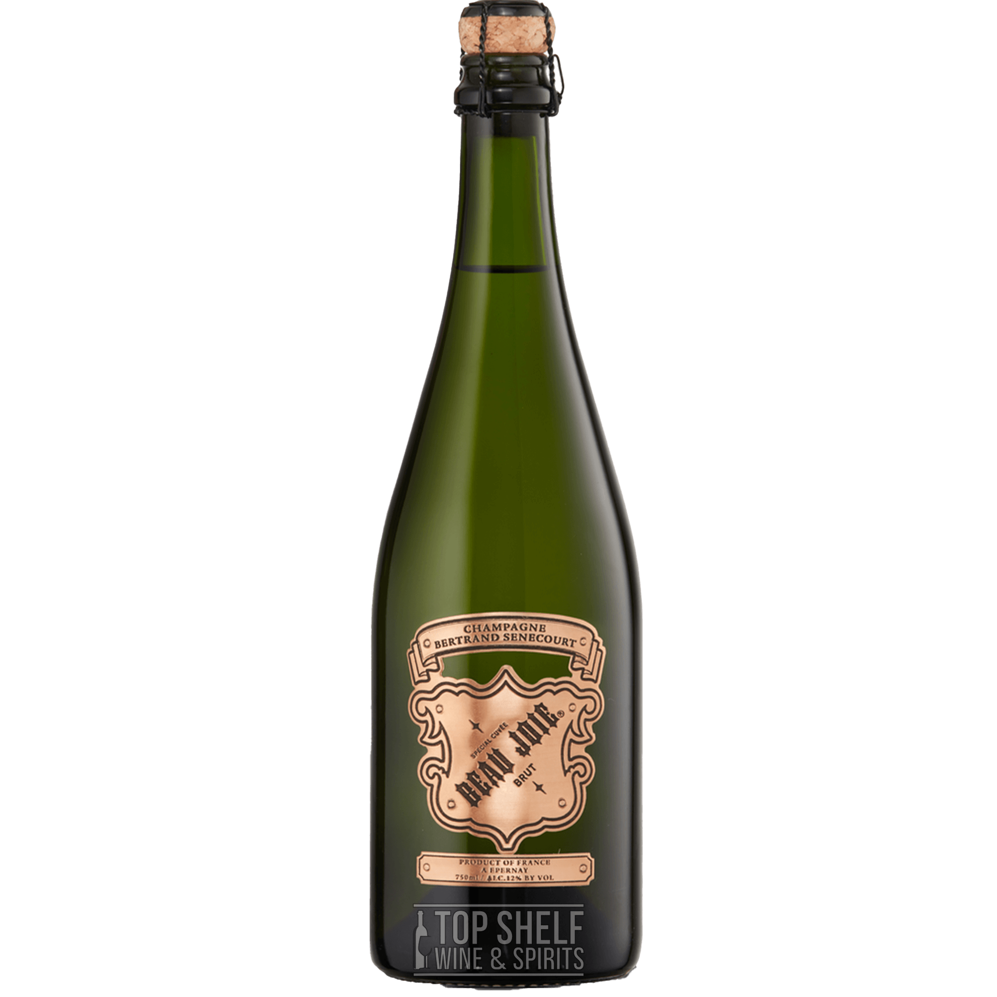 Beau Joie Brut Champagne bottle showcasing unique design and quality wine from Epernay, France.