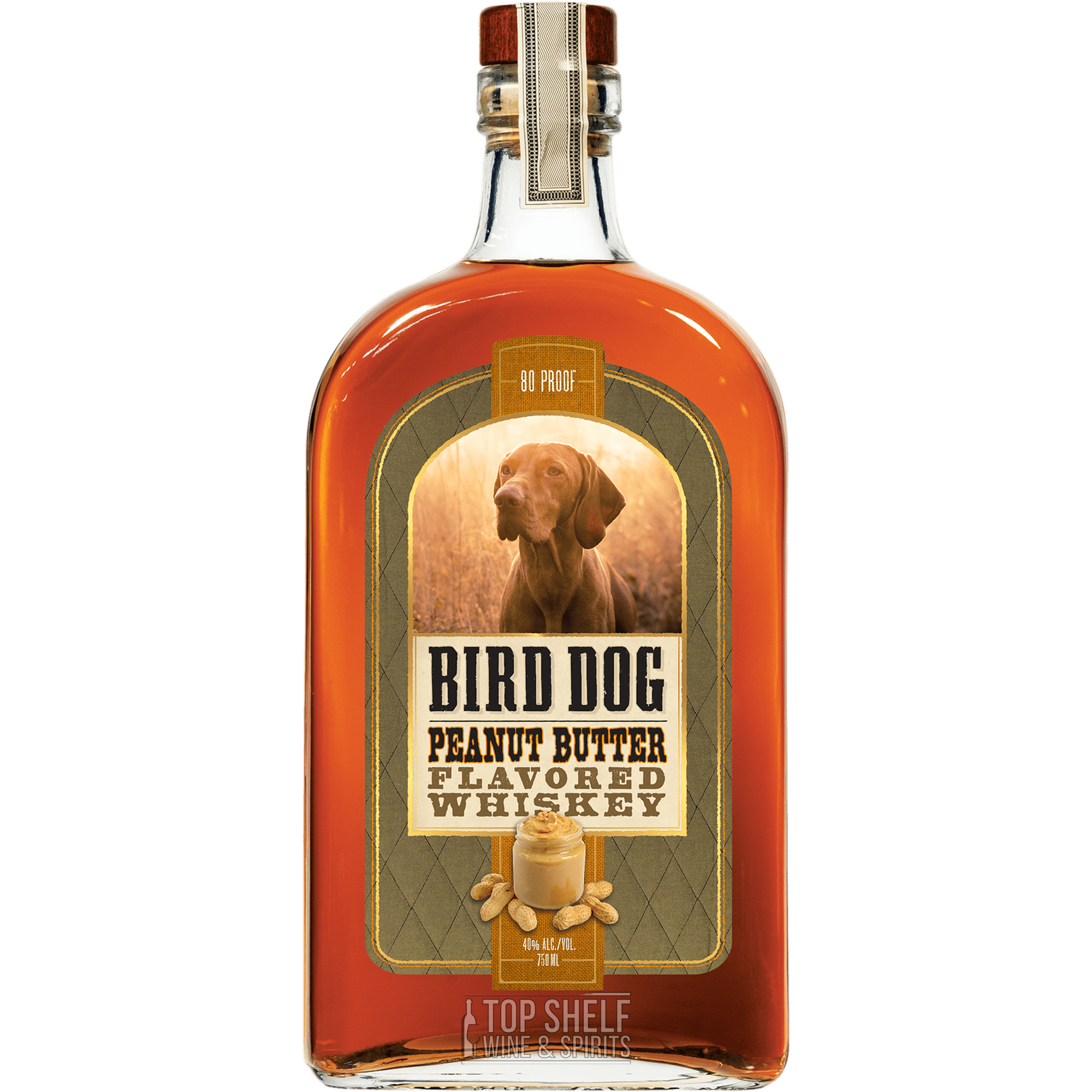 Bird Dog Peanut Butter Flavored Whiskey bottle showcasing its award-winning flavor and 80 proof strength.