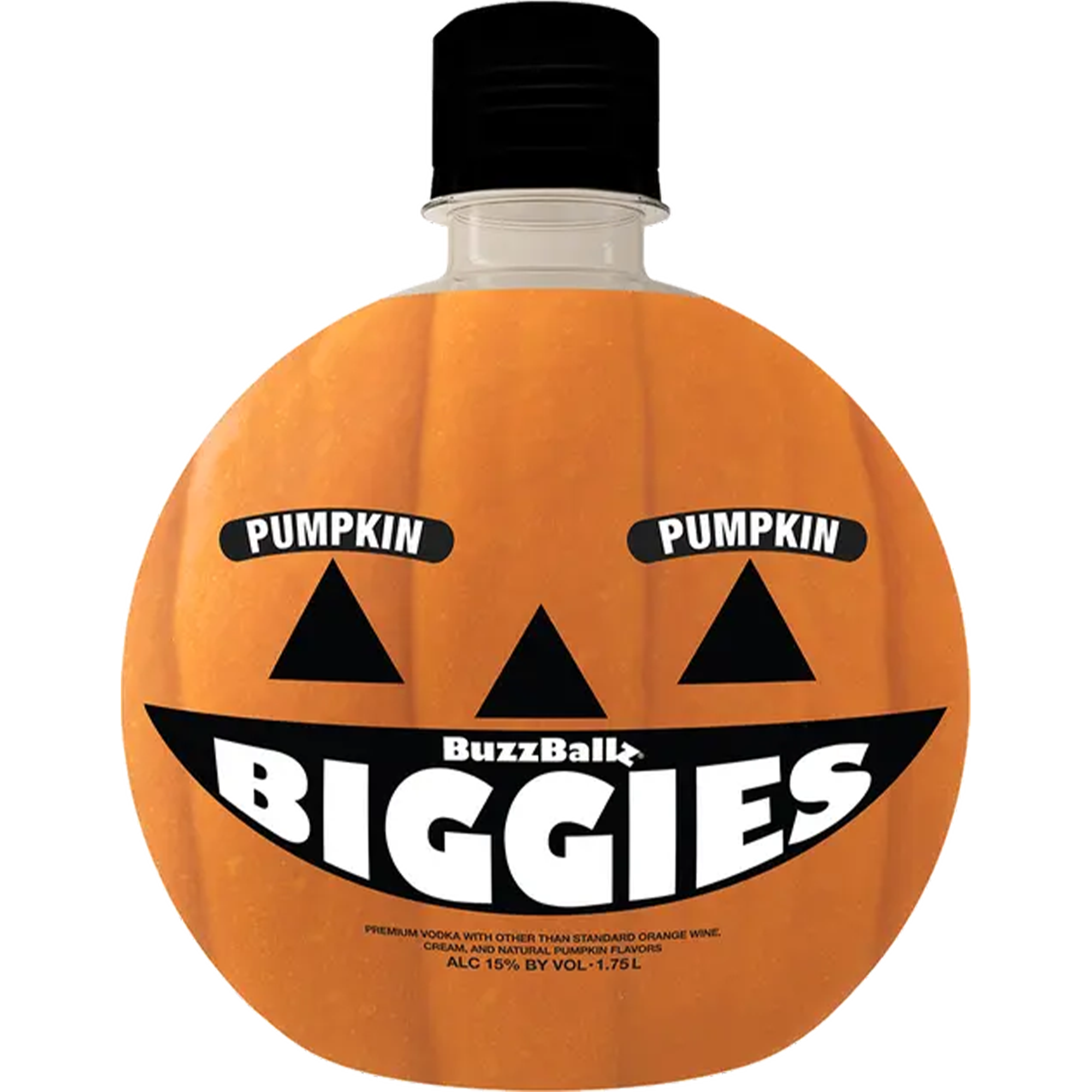 Buzzballz Pumpkin Biggies 1.75L bottle featuring pumpkin flavor with a fun jack-o'-lantern design, 15% ABV.