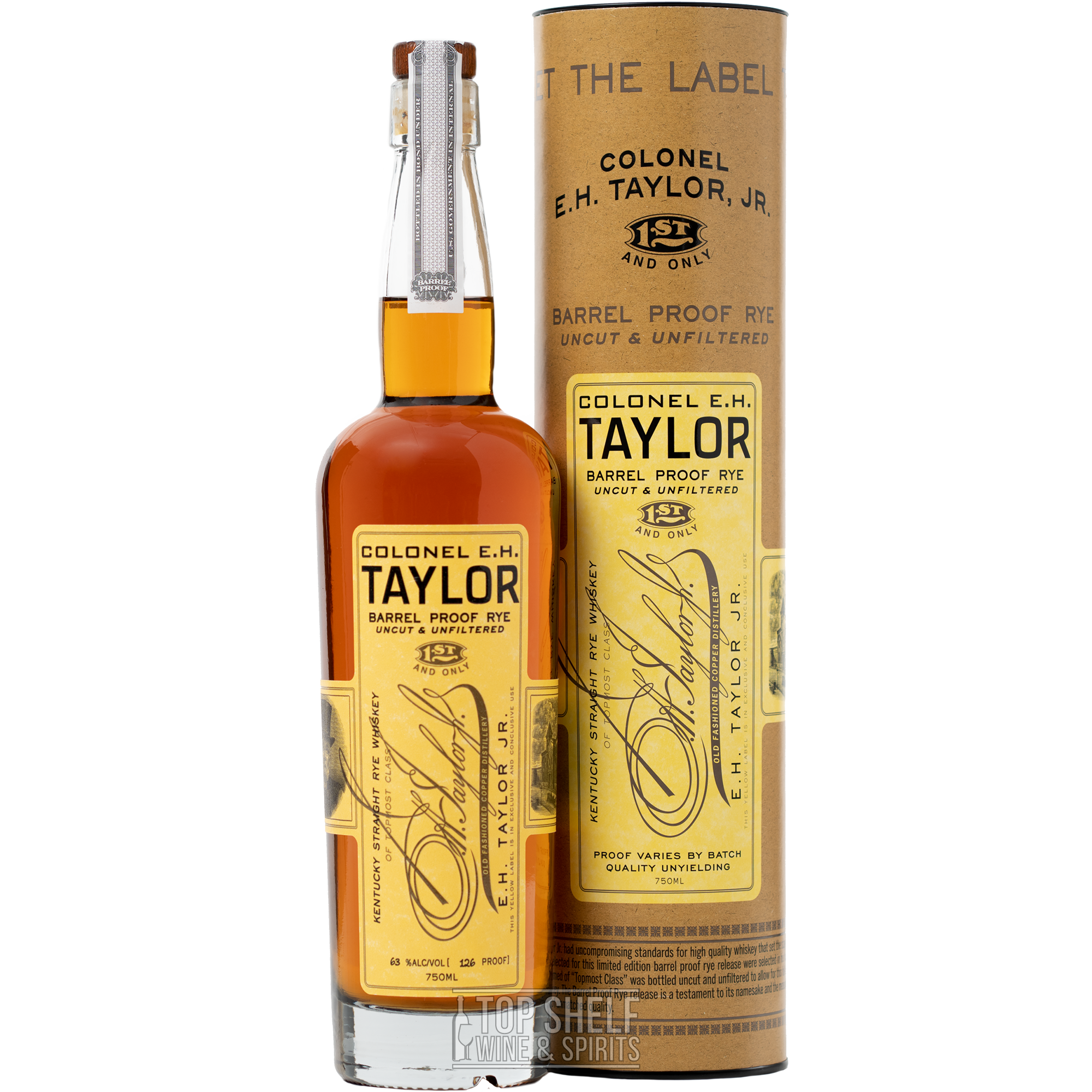 Colonel E.H. Taylor Barrel Proof Rye Whiskey bottle and packaging, uncut and unfiltered, 126 proof, limited edition.