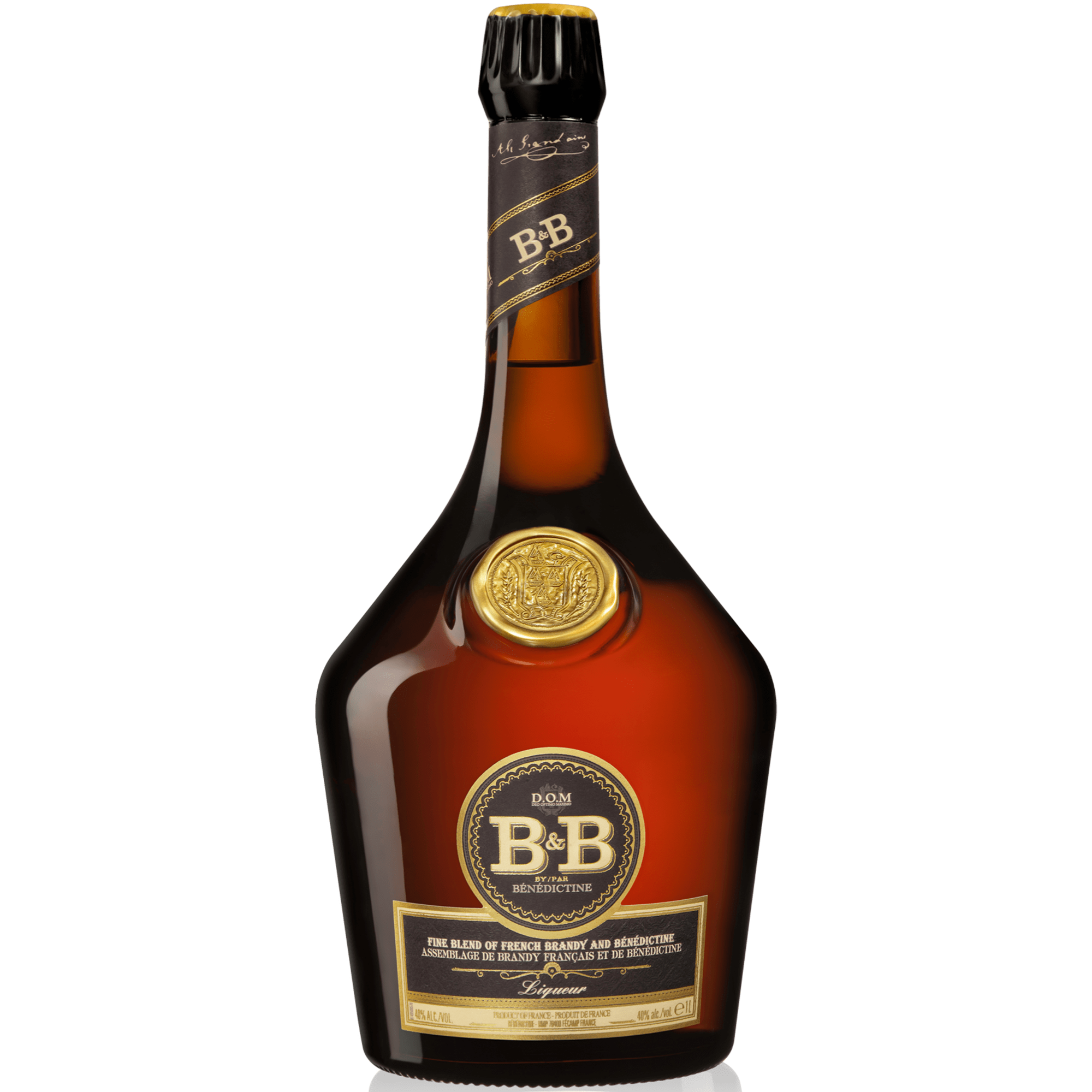 Bottle of B&B Benedictine Brandy Liqueur, a blend of French brandy and Bénédictine liqueur.