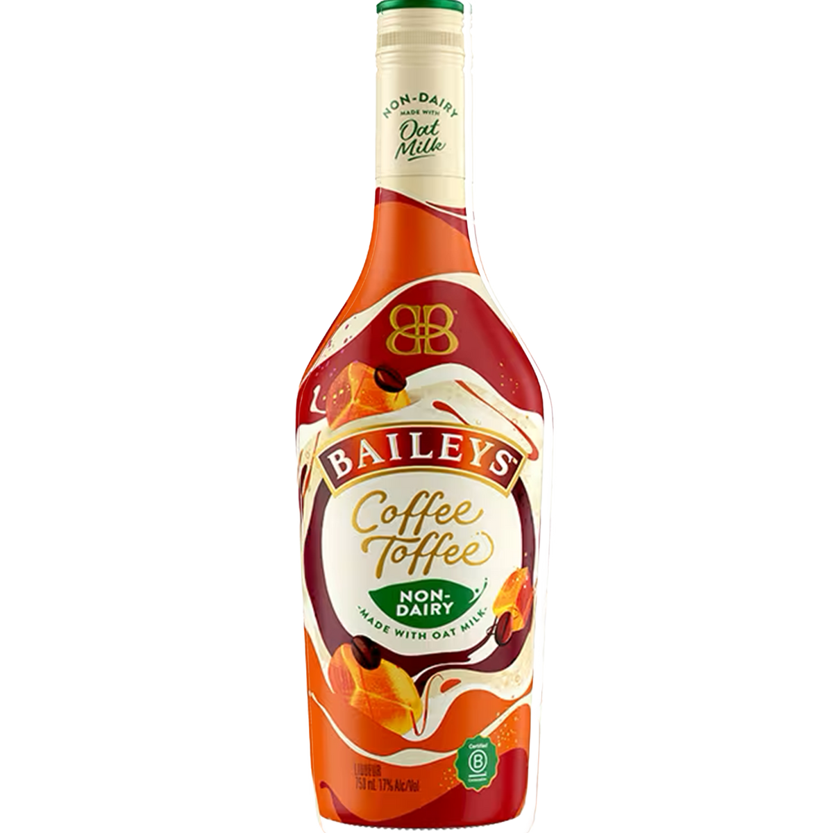 Baileys Coffee Toffee Non-Dairy Liqueur bottle made with oat milk, featuring rich coffee and caramel flavor notes.