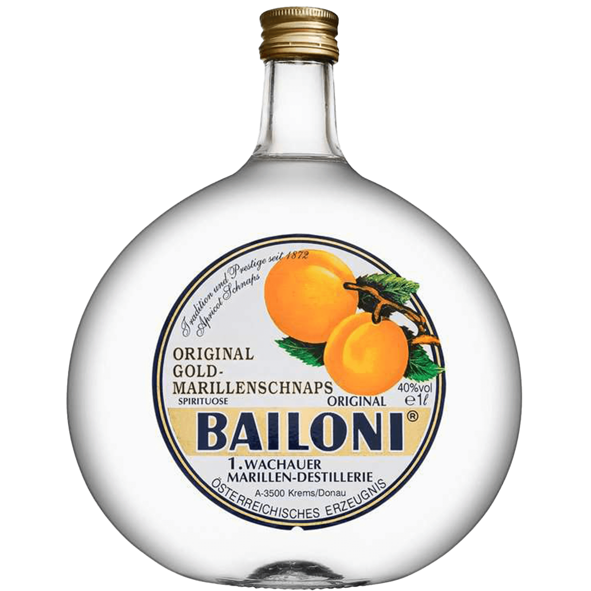 Bottle of Bailoni Gold-Marillenschnaps, traditional Austrian apricot schnapps with handpicked apricots from Wachau.