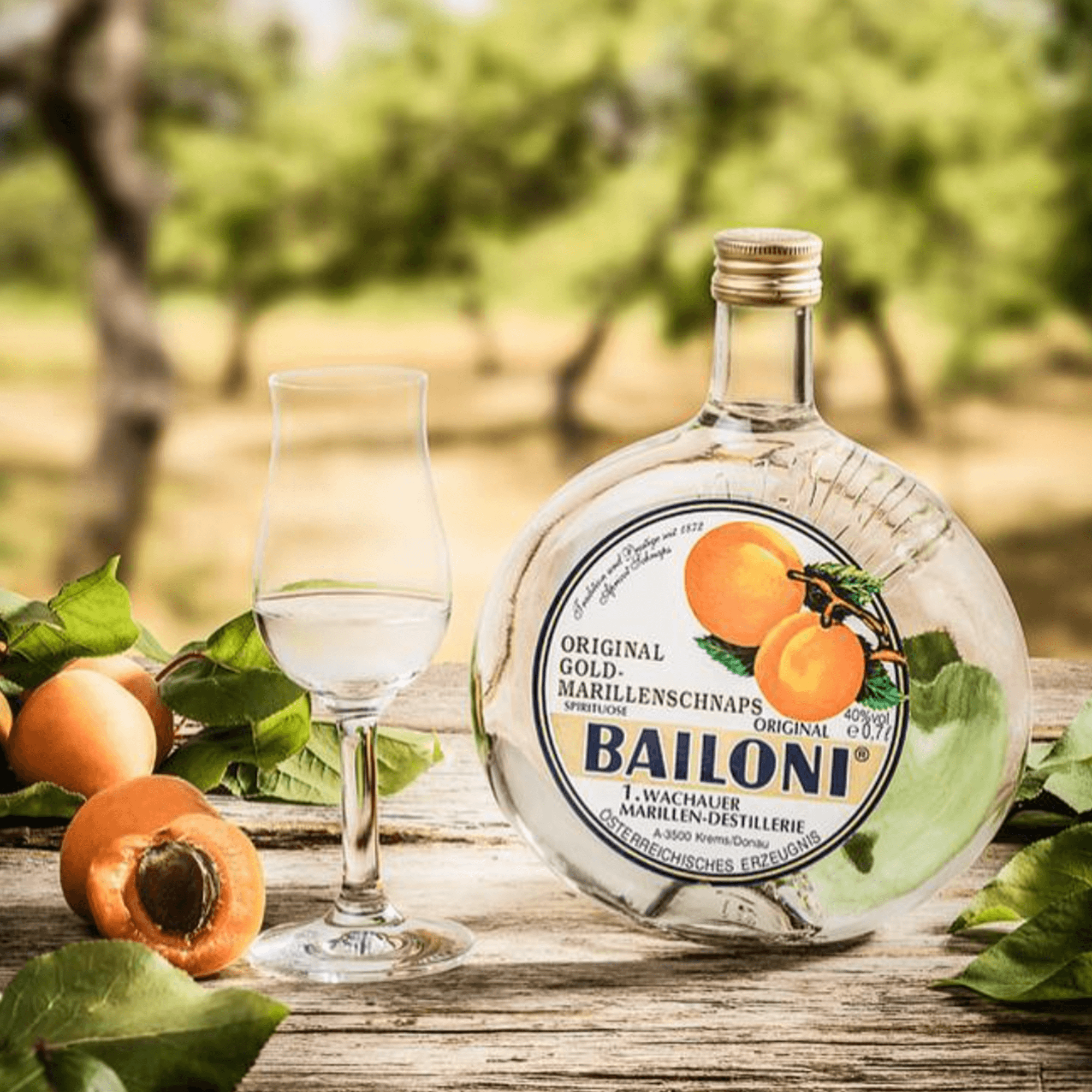 Bailoni Gold-Marillenschnaps bottle with a glass, surrounded by apricots and leaves, set in a scenic orchard.