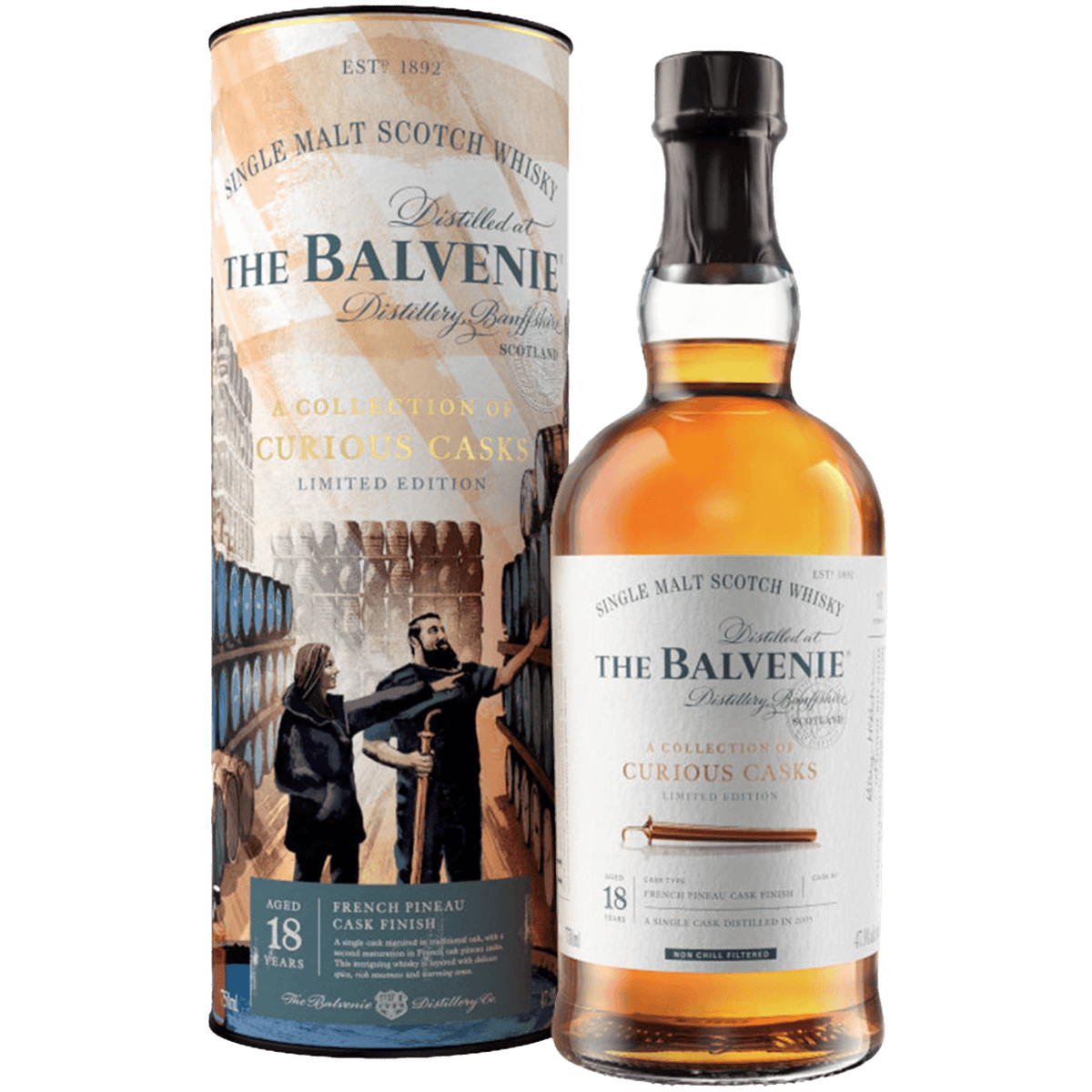 Balvenie 18 Year French Pineau Cask Single Malt Scotch with packaging, showcasing craftsmanship and elegance.