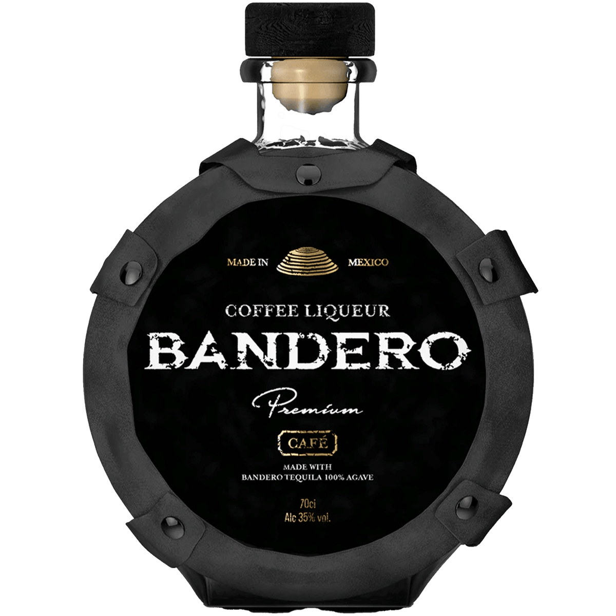 Bandero Premium Cafe Tequila Liqueur bottle featuring coffee, chocolate, and vanilla notes, imported from Mexico.