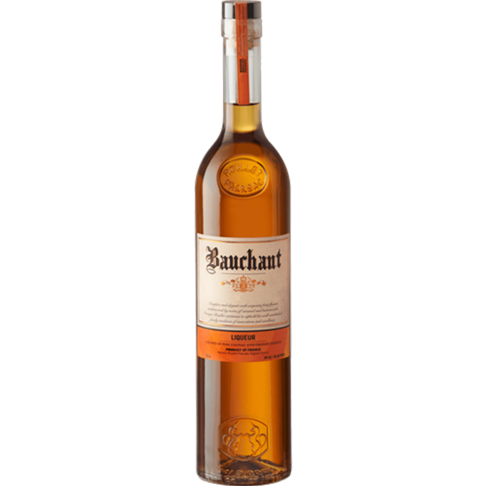 Bauchant Orange Liqueur bottle showcasing its elegant design and rich amber color, highlighting its unique Cognac production.