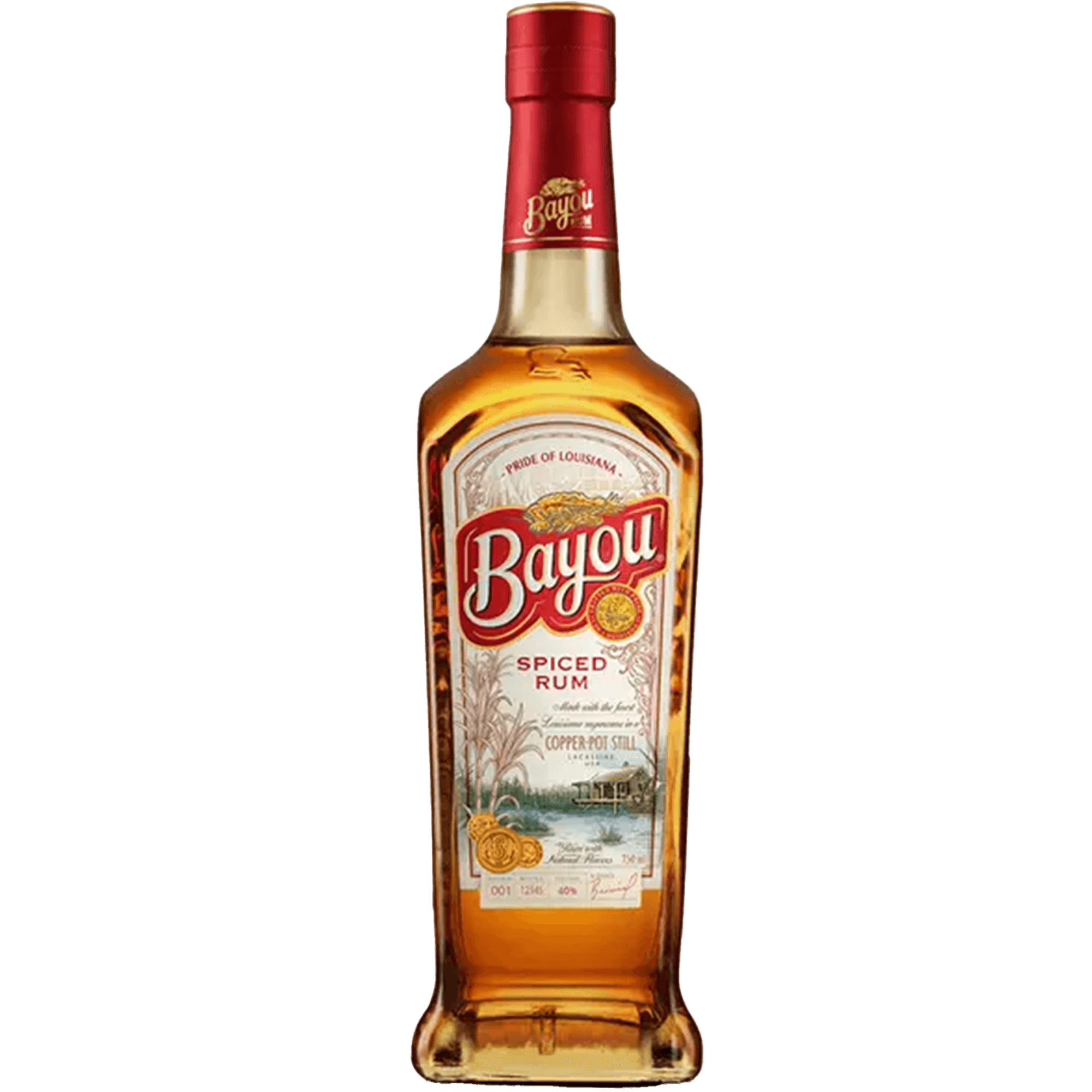 Bayou Spiced Rum bottle showcasing its amber color and Cajun-inspired label.