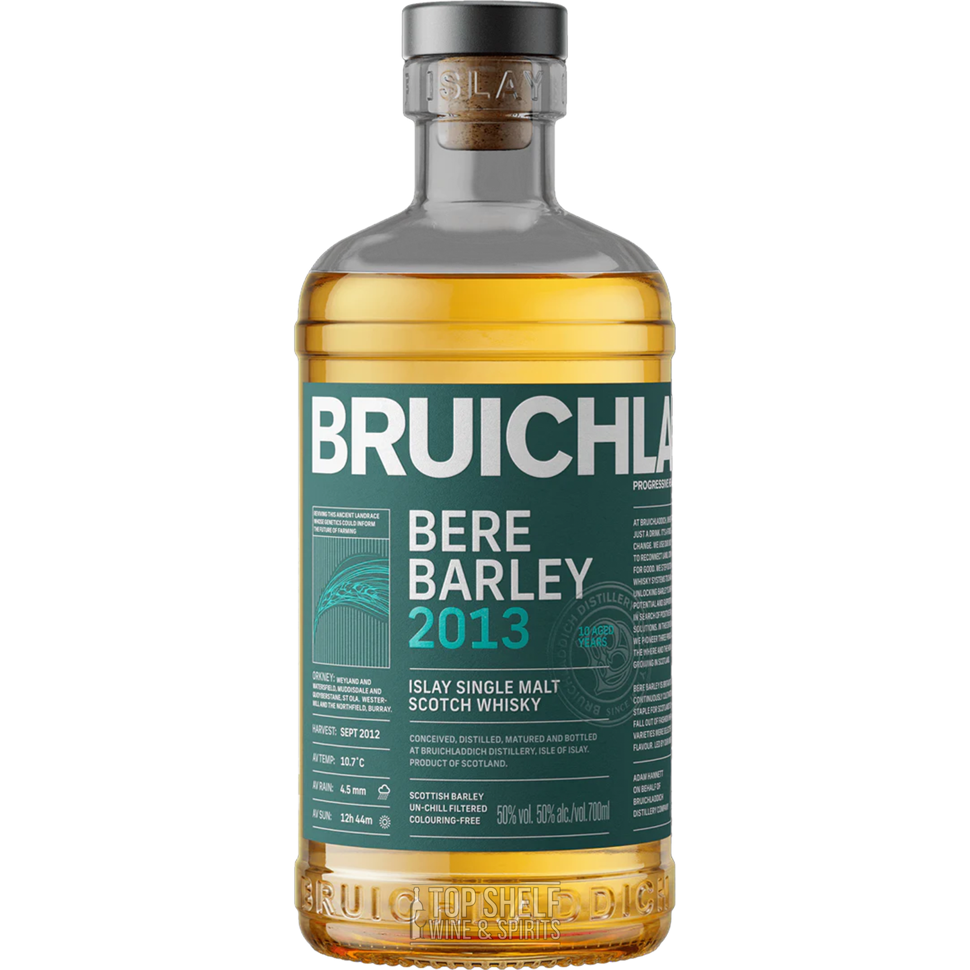 Bruichladdich Bere Barley 2013 Single Malt Scotch Whisky bottle showcasing its rich golden color and unique heritage barley.