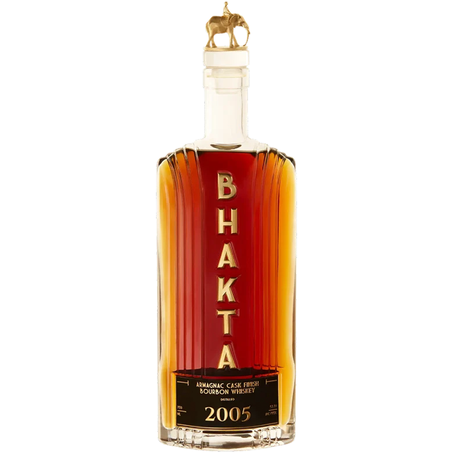 Bhakta 2005 Bourbon Whiskey Armagnac Cask Finish Limited Edition bottle with elegant design and rich amber color.