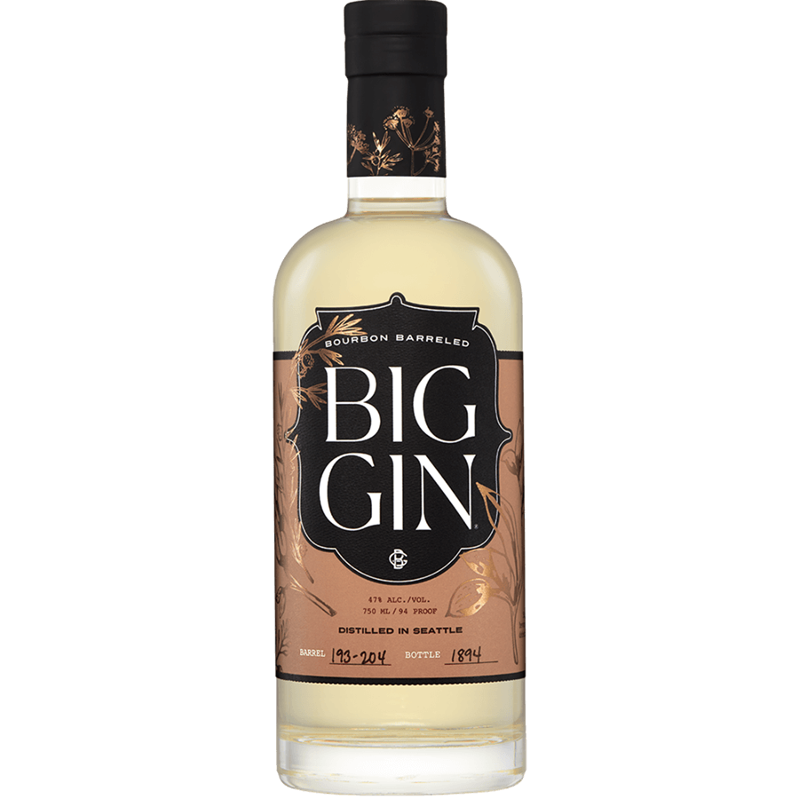 Big Gin Bourbon Barreled bottle showcasing warm, woody flavors with hints of spice, distilled in Seattle.