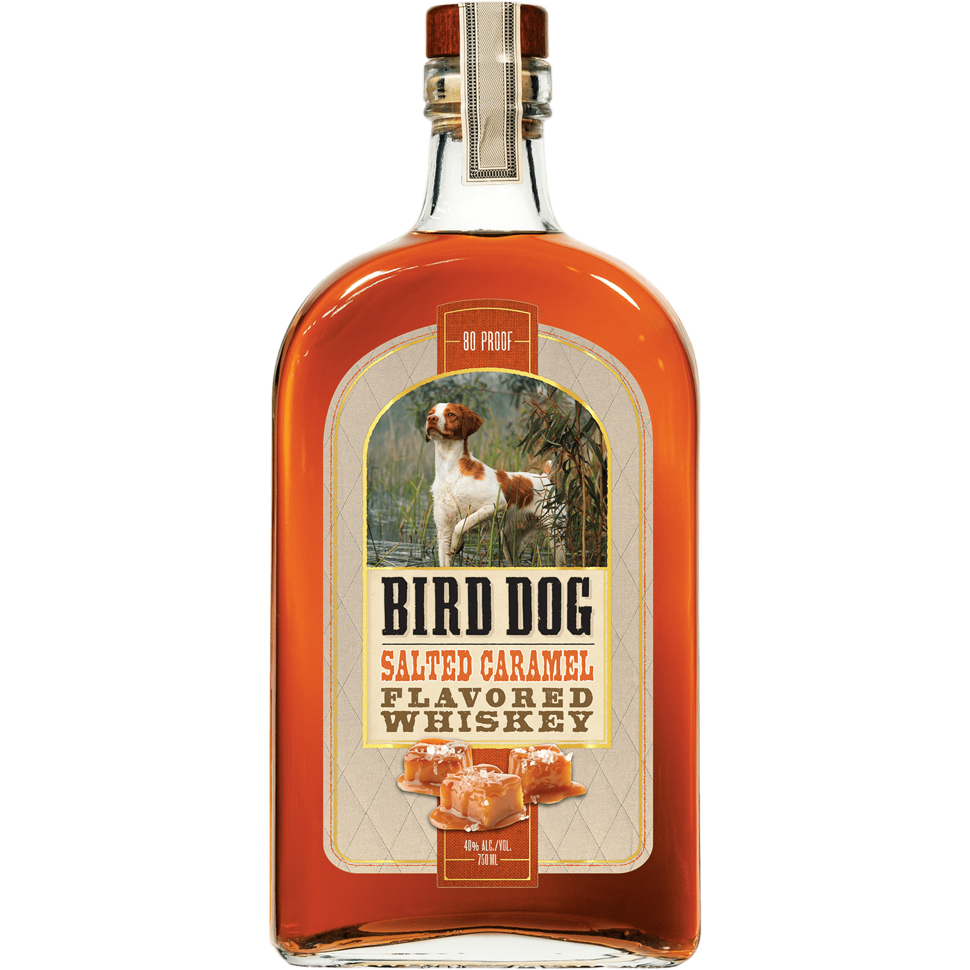 Bird Dog Salted Caramel Flavored Whiskey bottle featuring caramel notes and 80 proof detail.