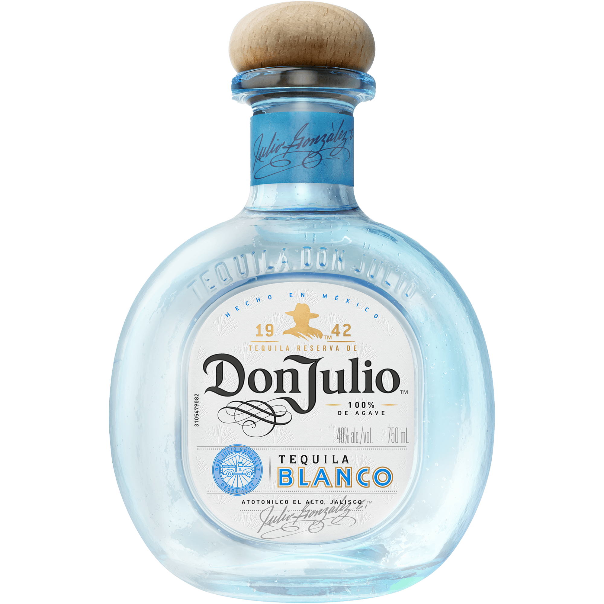 Bottle of Don Julio Blanco Tequila showcasing its clear, crisp appearance and iconic design with wooden stopper.