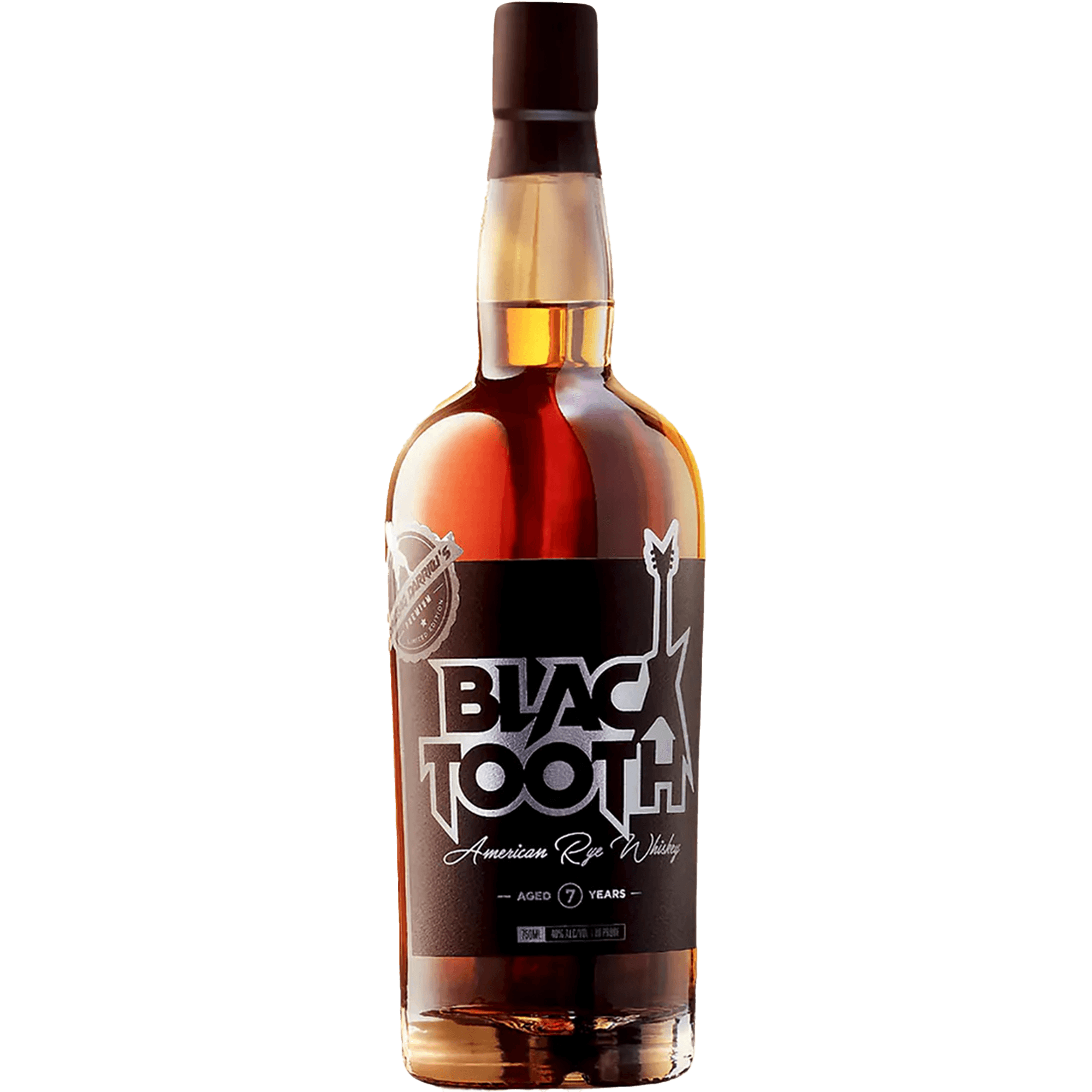 Blacktooth 7 Year American Rye Whiskey bottle design showcasing premium craftsmanship and rich flavor.