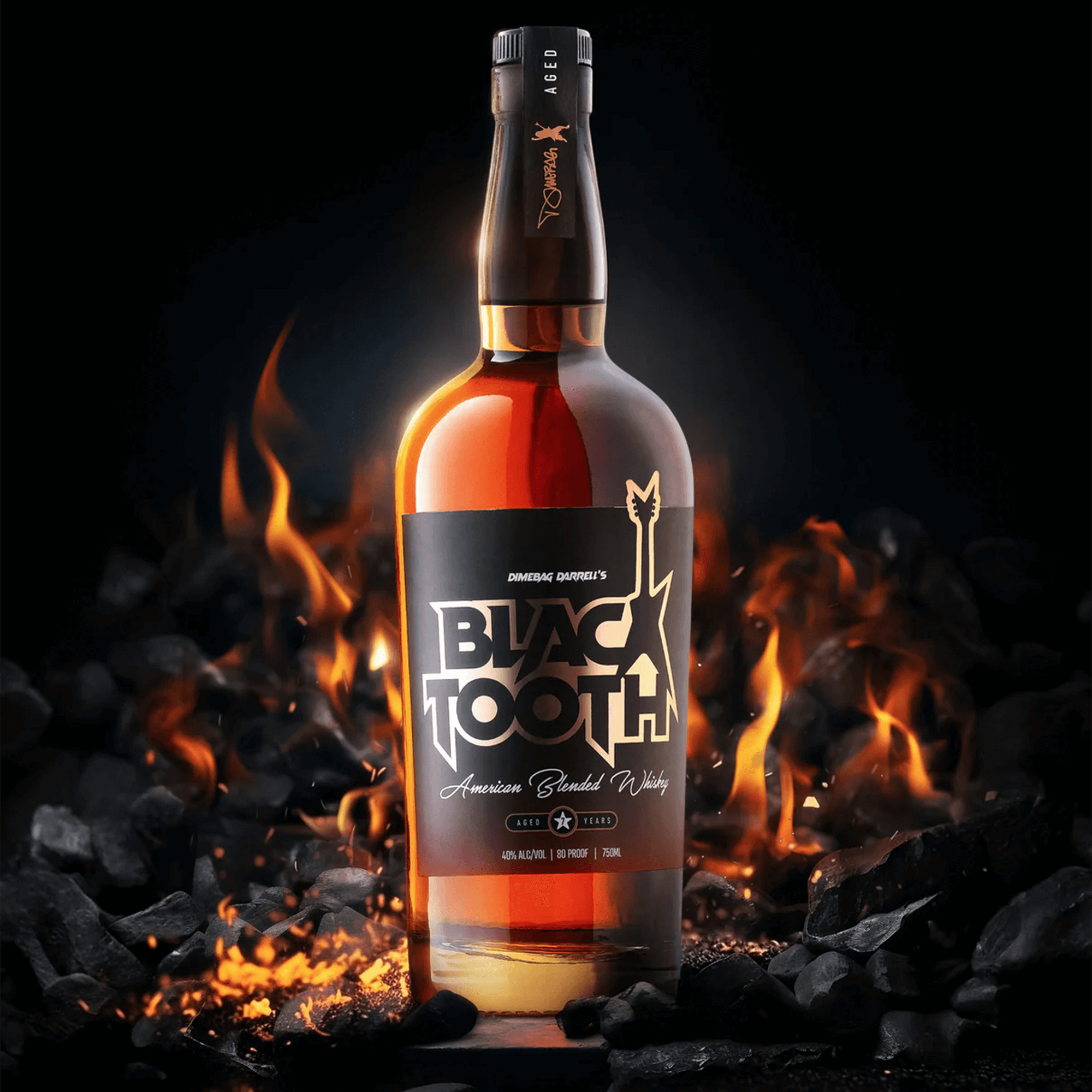 Blacktooth American Blended Whiskey bottle against a fiery background, celebrating bold flavors and smooth finish.
