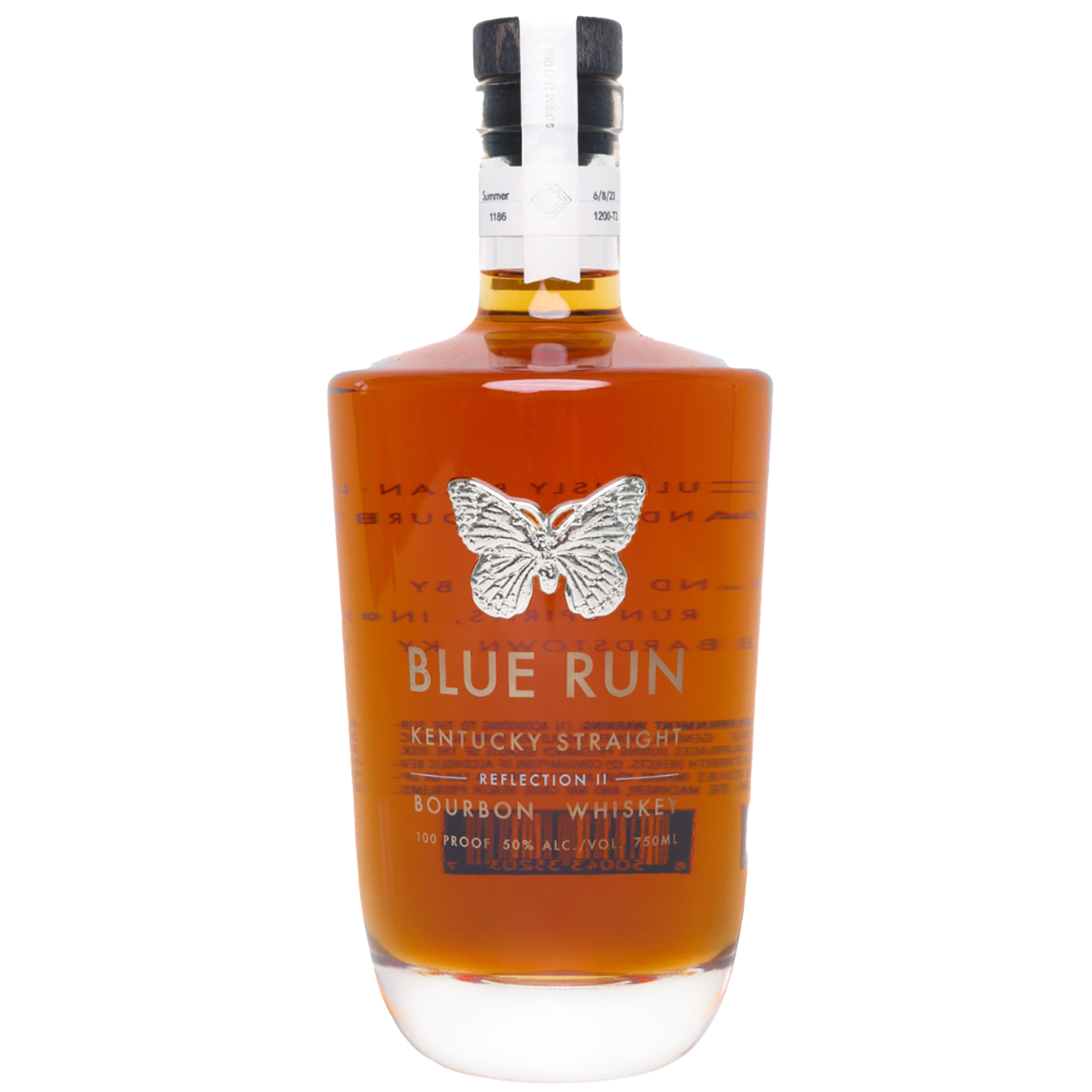 Blue Run Reflection II Bourbon Whiskey bottle featuring floral and sweet notes with a distinctive butterfly logo.