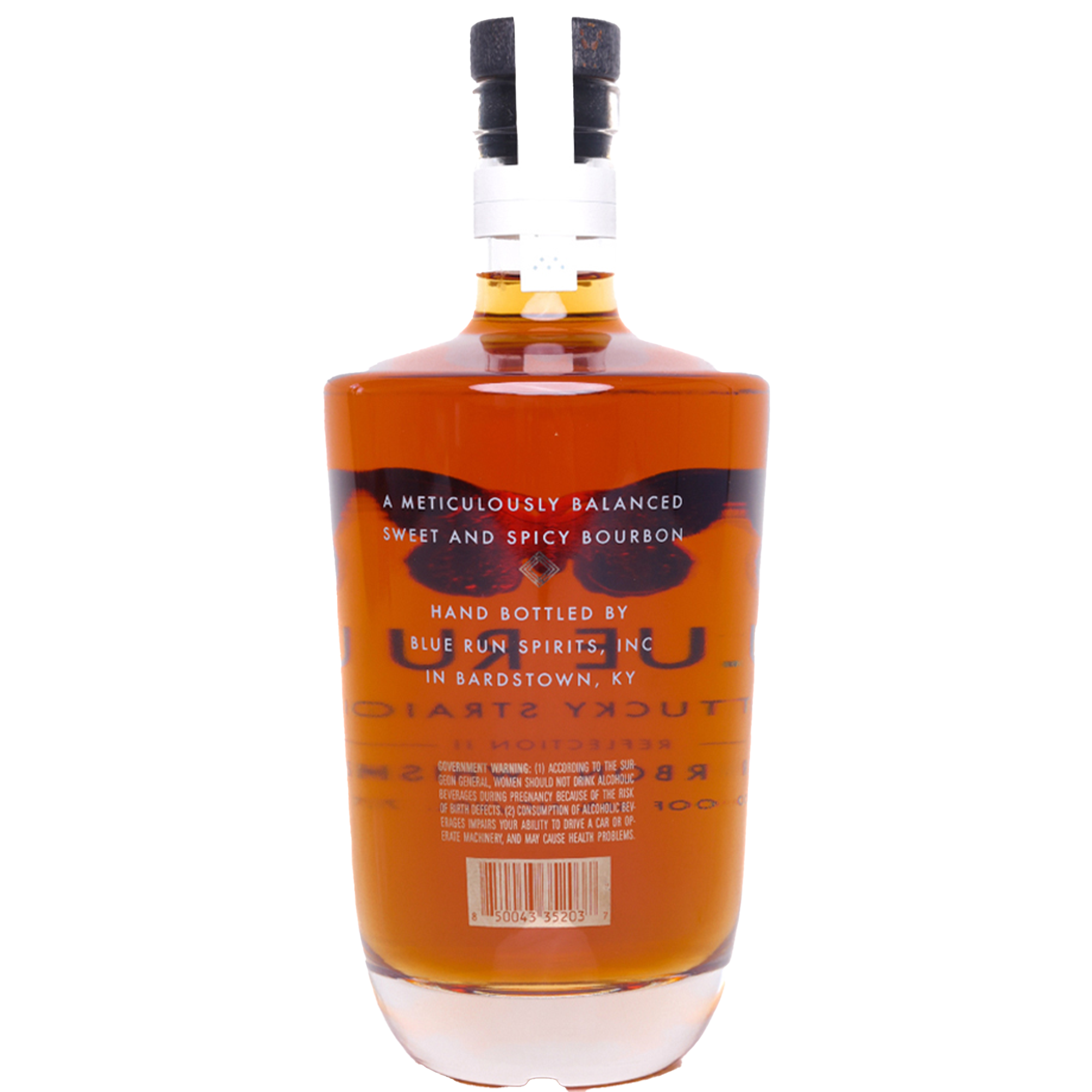 Blue Run Reflection II Bourbon Whiskey bottle showcasing its sweet and spicy flavor balance, hand bottled in Bardstown, KY.