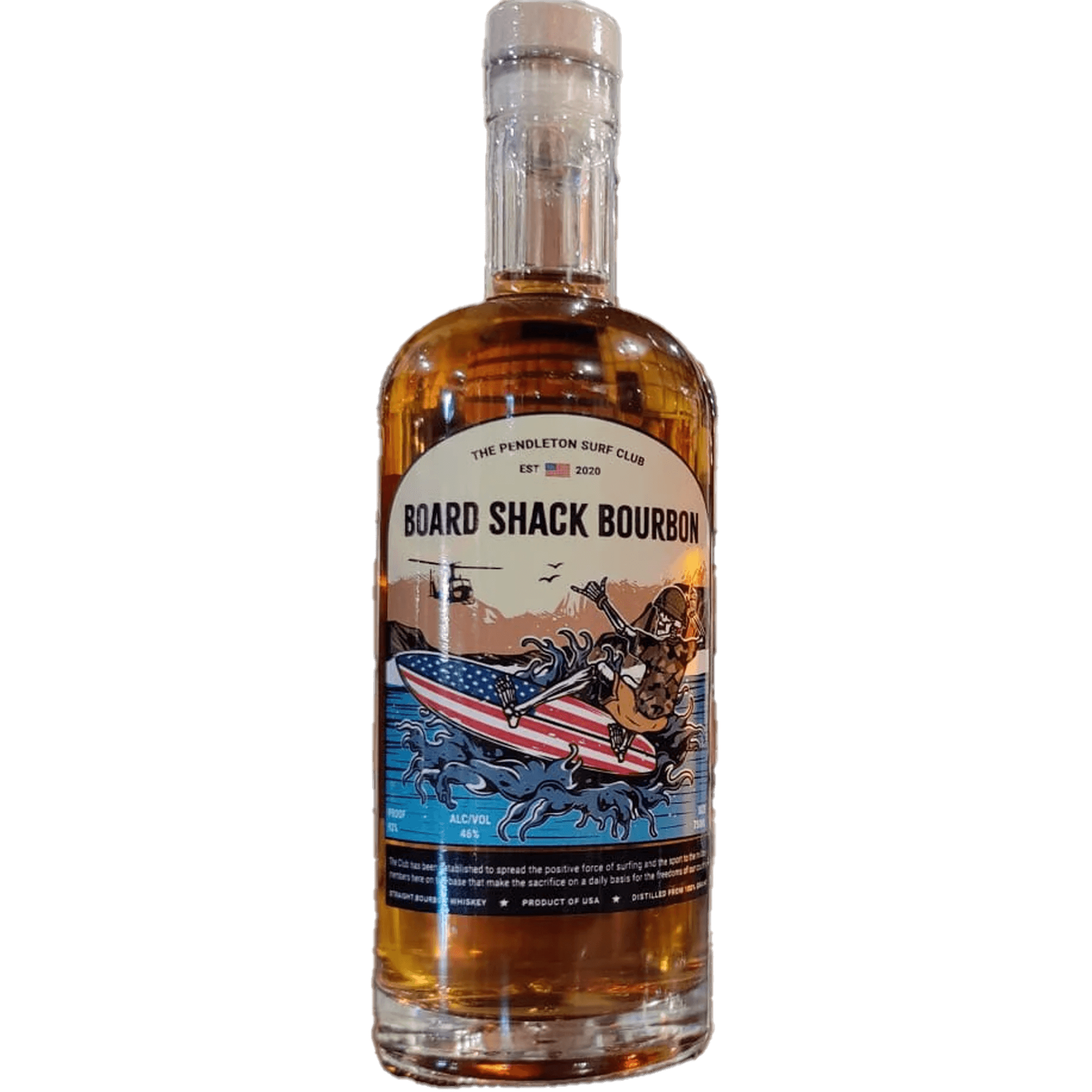 Board Shack Bourbon bottle featuring a surfer on a patriotic boat with a Camp Pendleton Surf Club label.