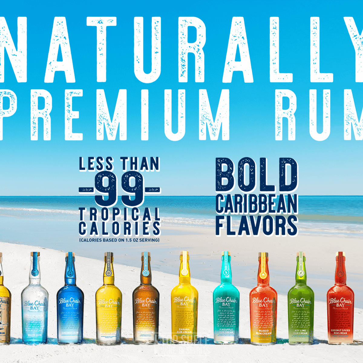 Blue Chair Bay Rum bottles on a beach with text promoting premium rum and tropical flavors.