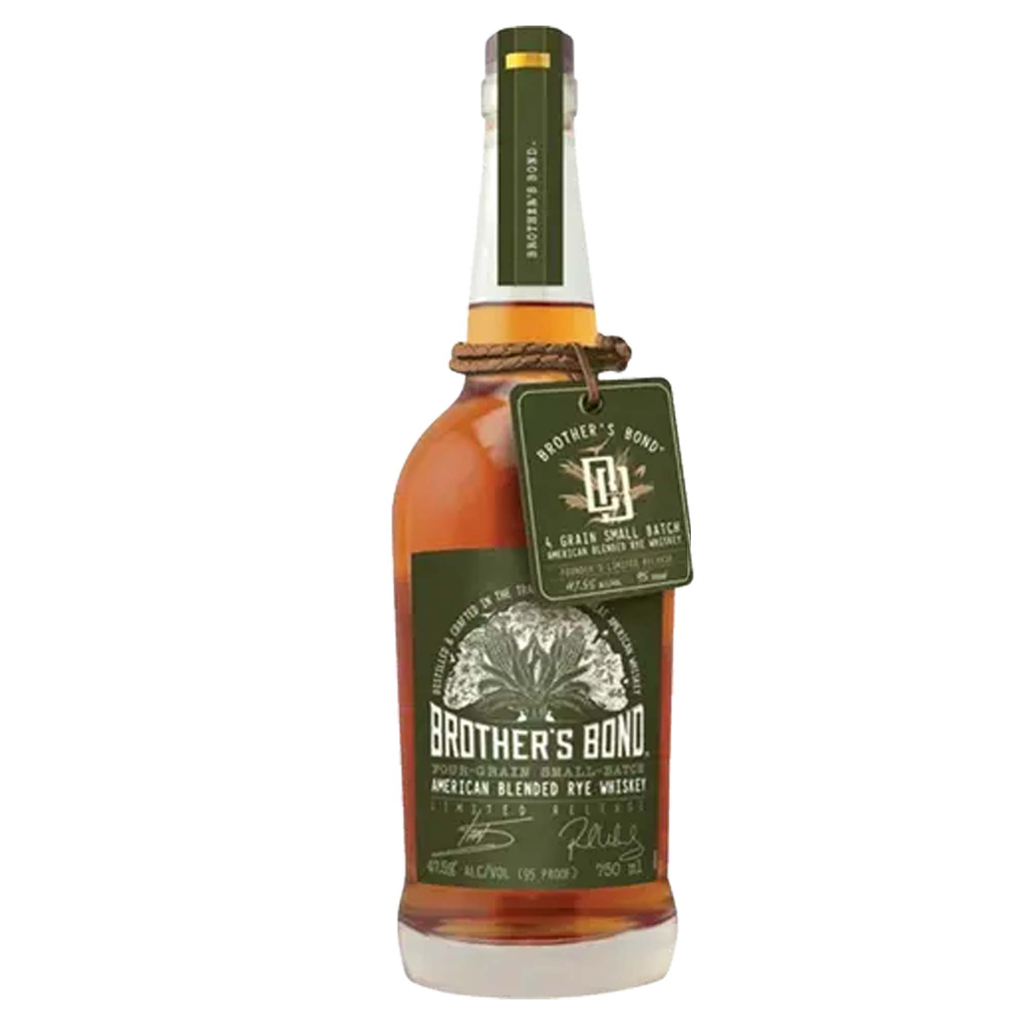 Bottle of Brother's Bond American Blended Rye Whiskey, aged 4 years, 95 proof, showcasing its unique four-grain blend.