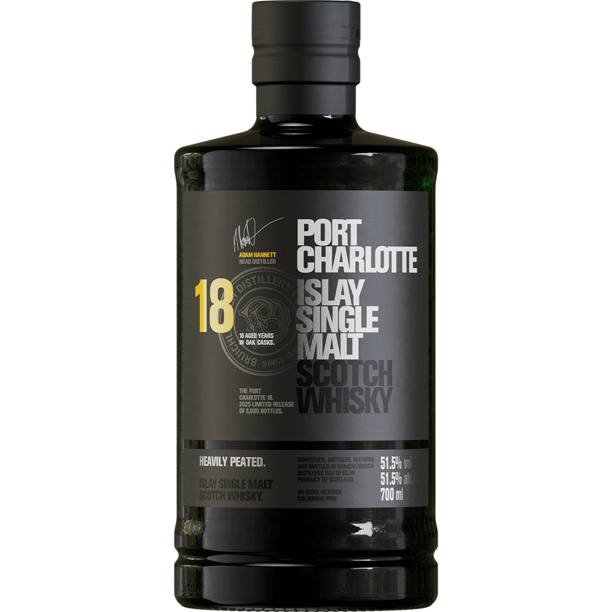 Port Charlotte 18 Year Single Malt Scotch Whisky bottle showcasing rich character and elegance at 51.5% ABV.