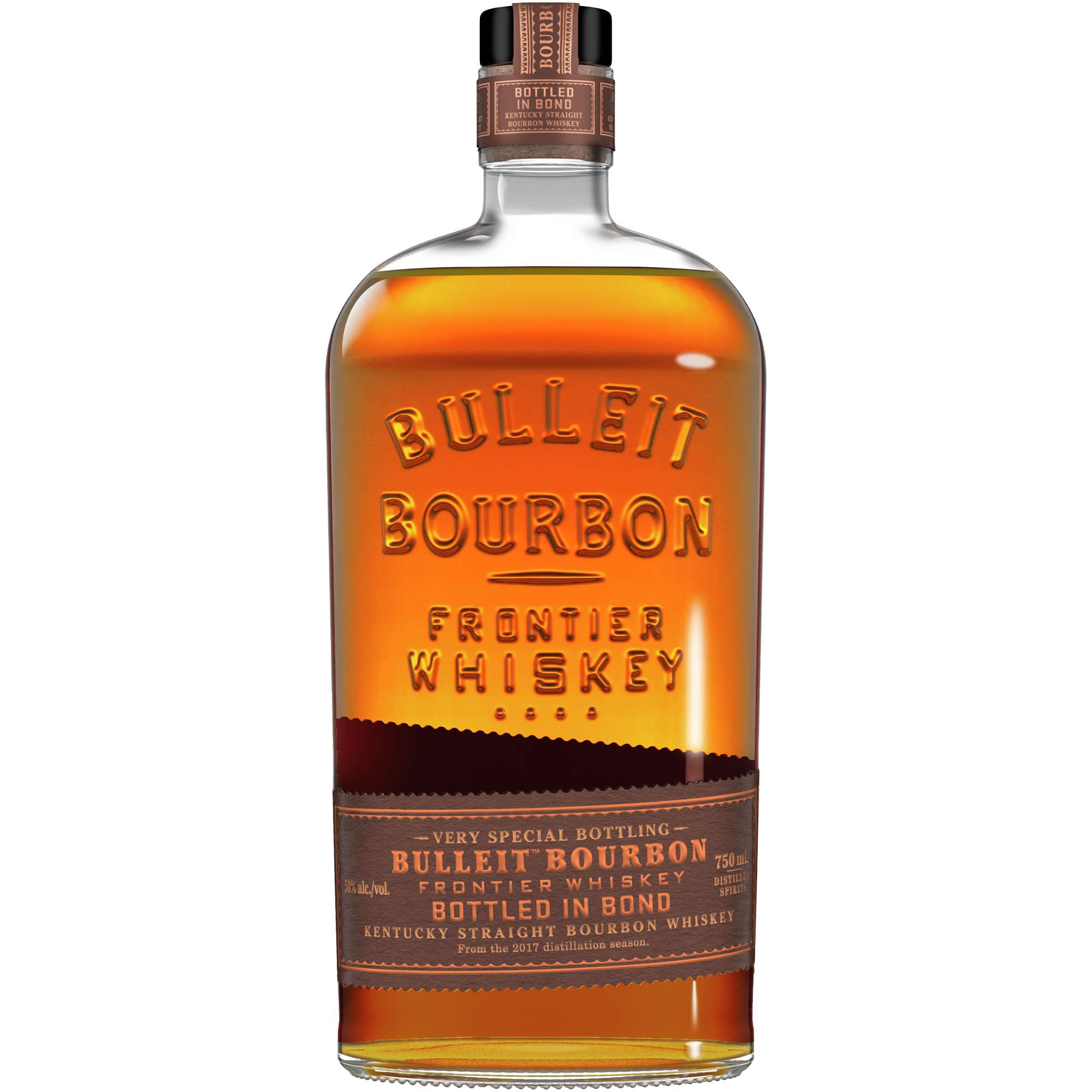 Bulleit Bottled in Bond Kentucky Straight Bourbon whiskey bottle with rich amber color.