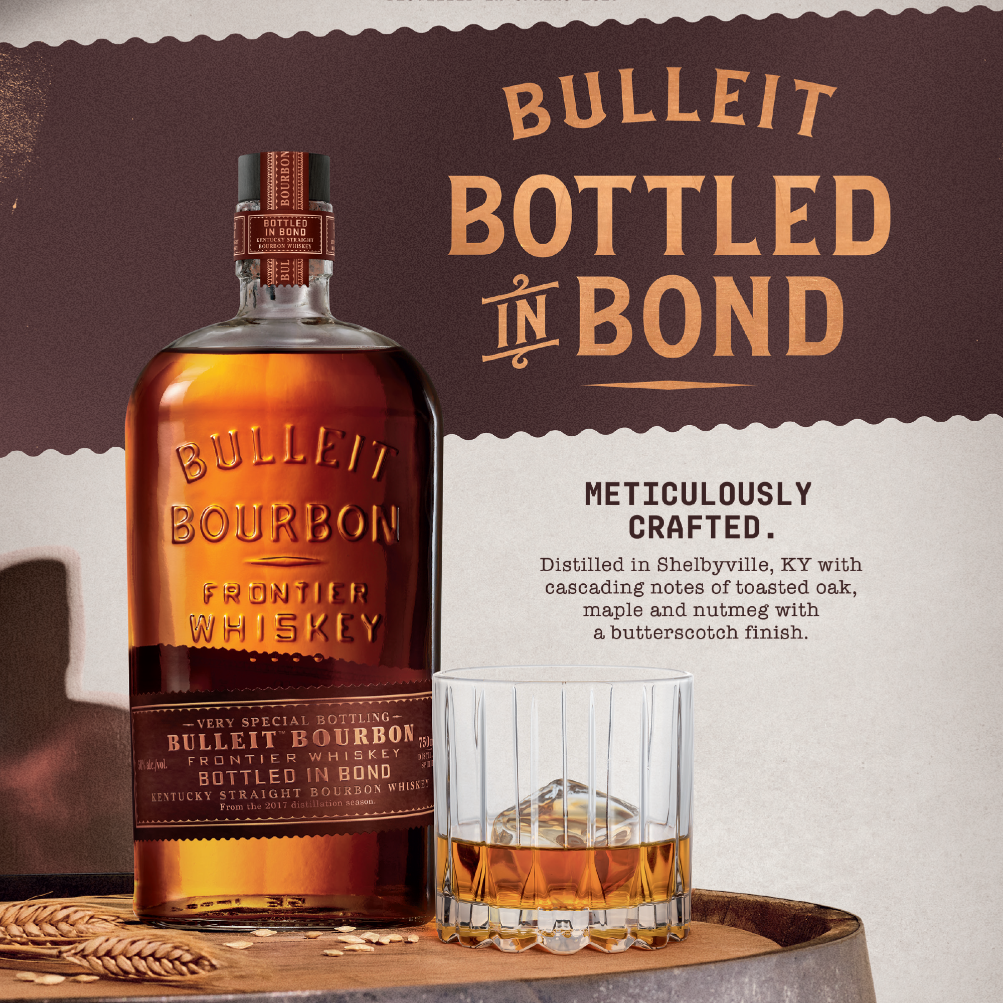 Bulleit Bottled in Bond Kentucky Straight Bourbon bottle with a glass, featuring details of its crafted quality.