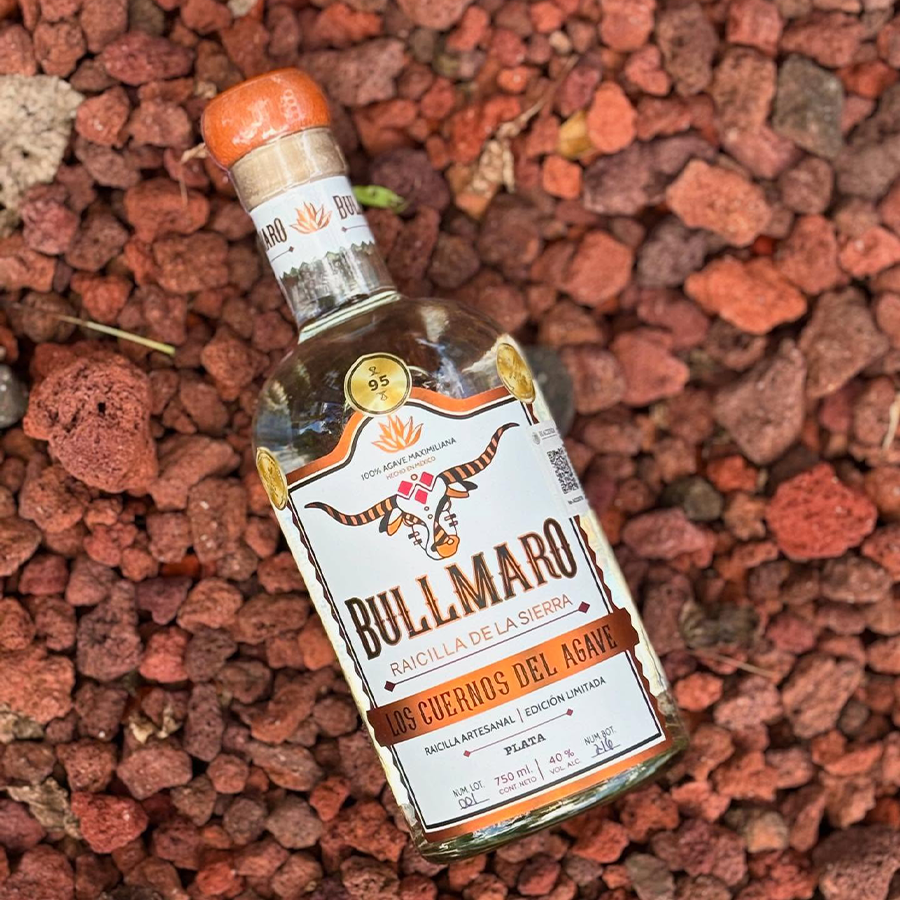 Bullmaro Raicilla De La Sierra Los Cuernos Del Agave Plata bottle on rustic stones.