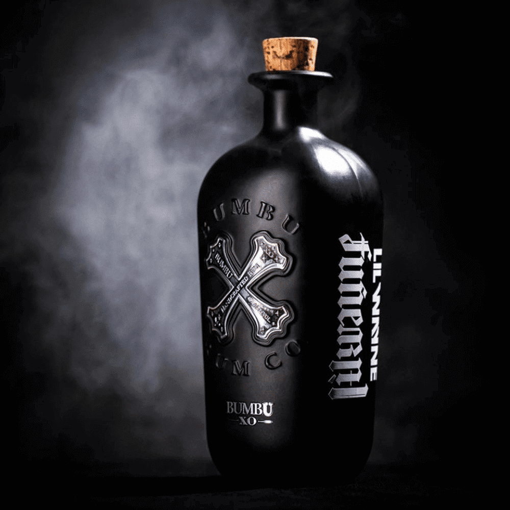 Bumbu XO Lil Wayne Funeral Rum bottle with logo, celebrating hip hop culture and aged in bourbon barrels.