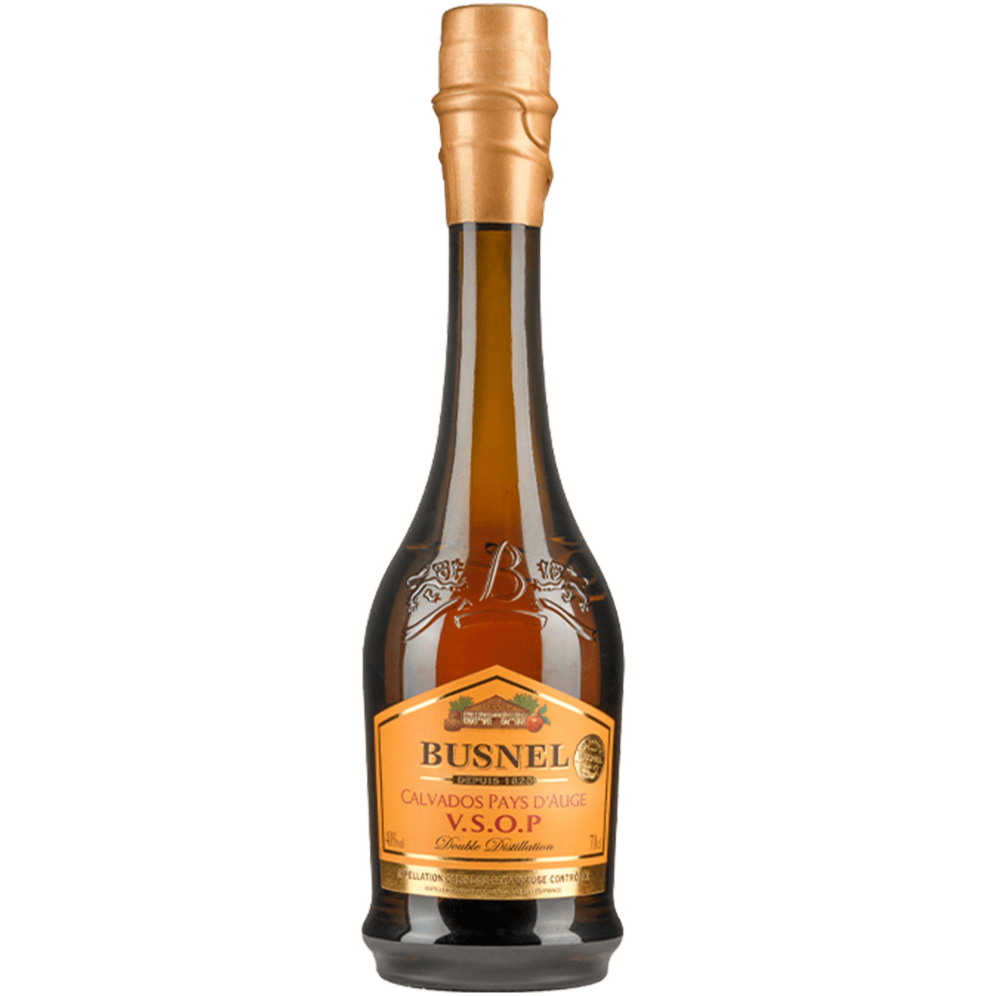 Bottle of Busnel Calvados Pays d'Auge VSOP, a 40% ABV apple brandy aged in oak.