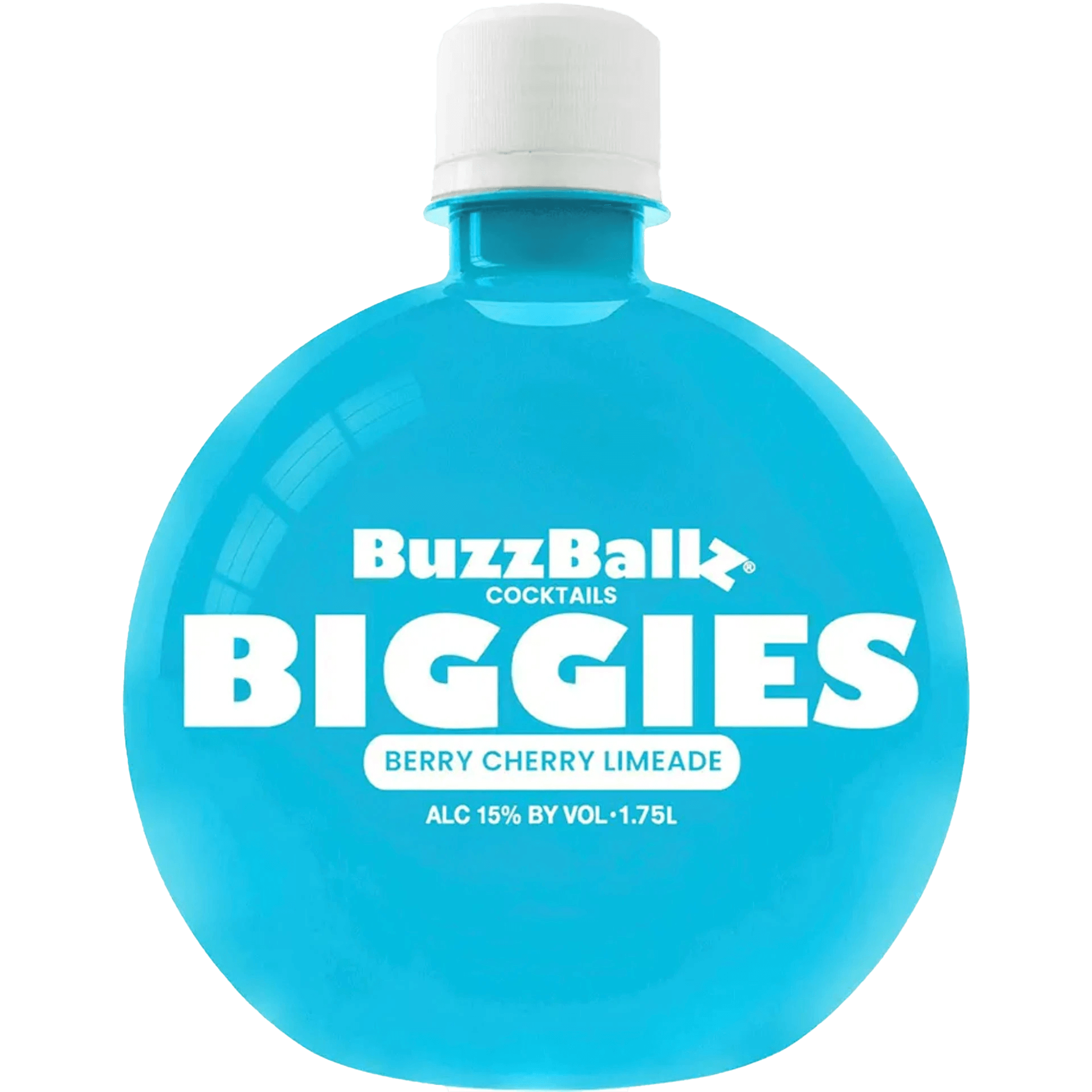 Buzzballz Biggies Berry Cherry Limeade 1.75L bottle with bright blue color and bold white text, 15% ABV cocktail.
