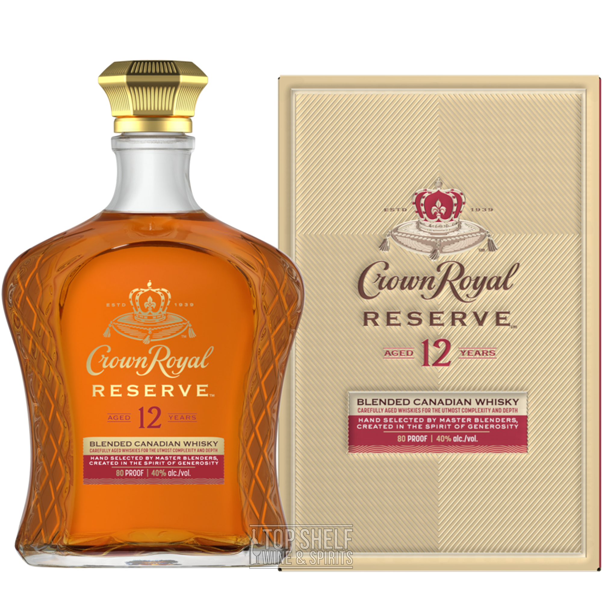 Crown Royal 12 Year Reserve Canadian Whisky bottle and packaging, blended for smooth and rich taste.