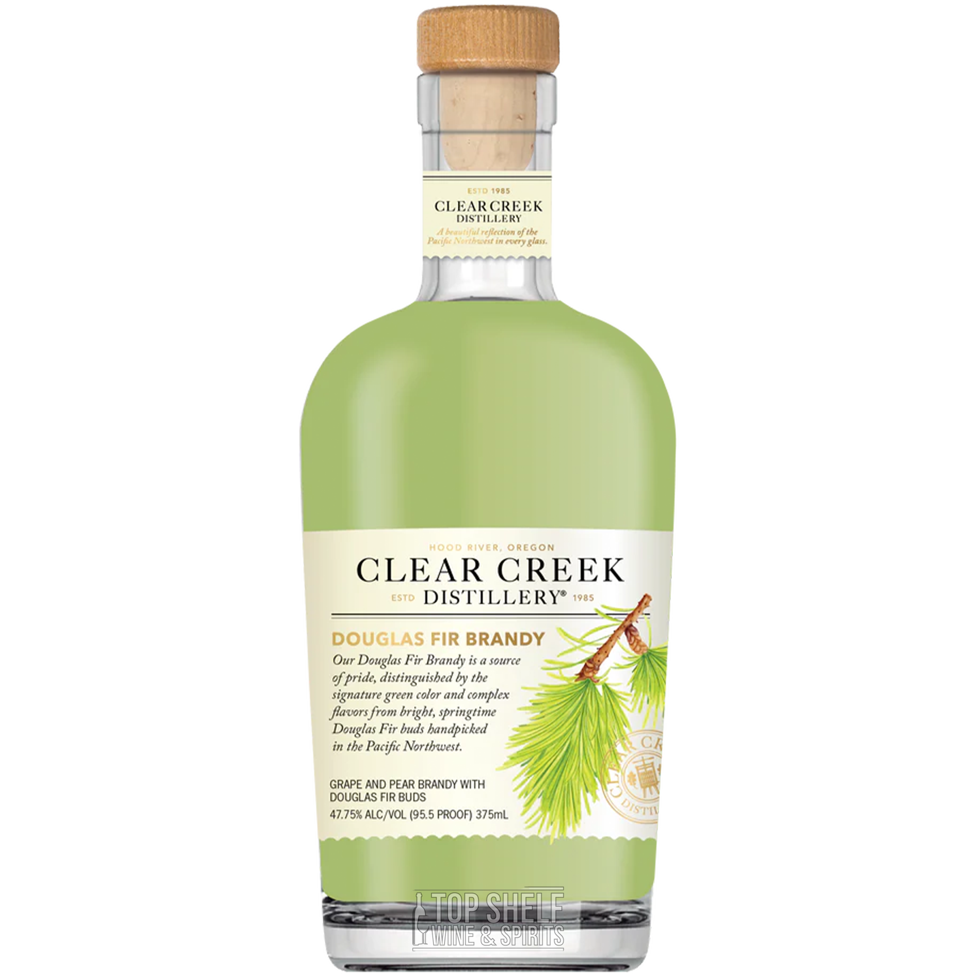 Clear Creek Douglas Fir Brandy 375ml bottle showcasing the distinctive green color, ideal for serving as a digestif.